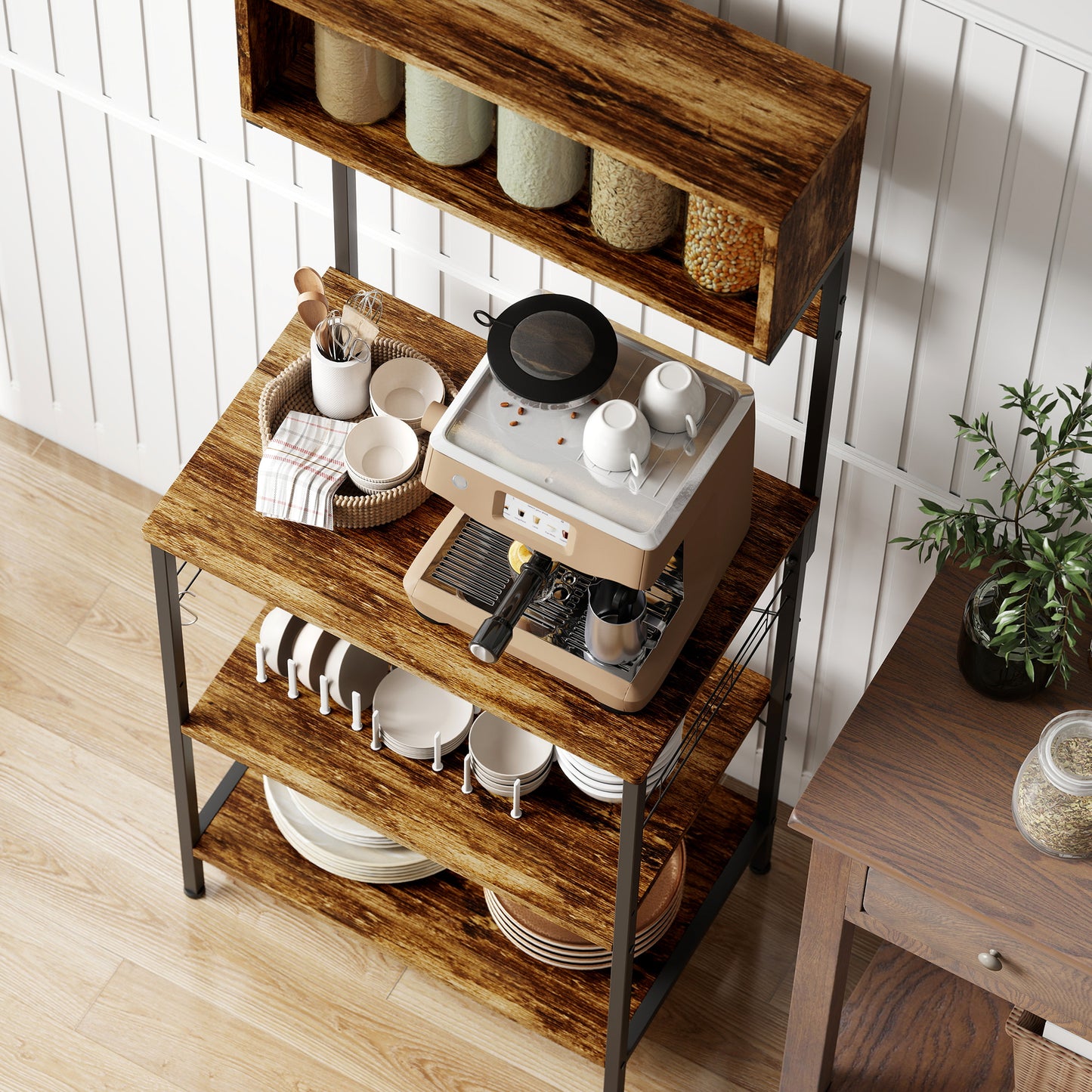 HOMCOM Bakers Rack with Power Outlet, USB Charger, Adjustable Shelves, 5 Hooks, Kitchen Storage for Spices and Pans, Rustic Brown