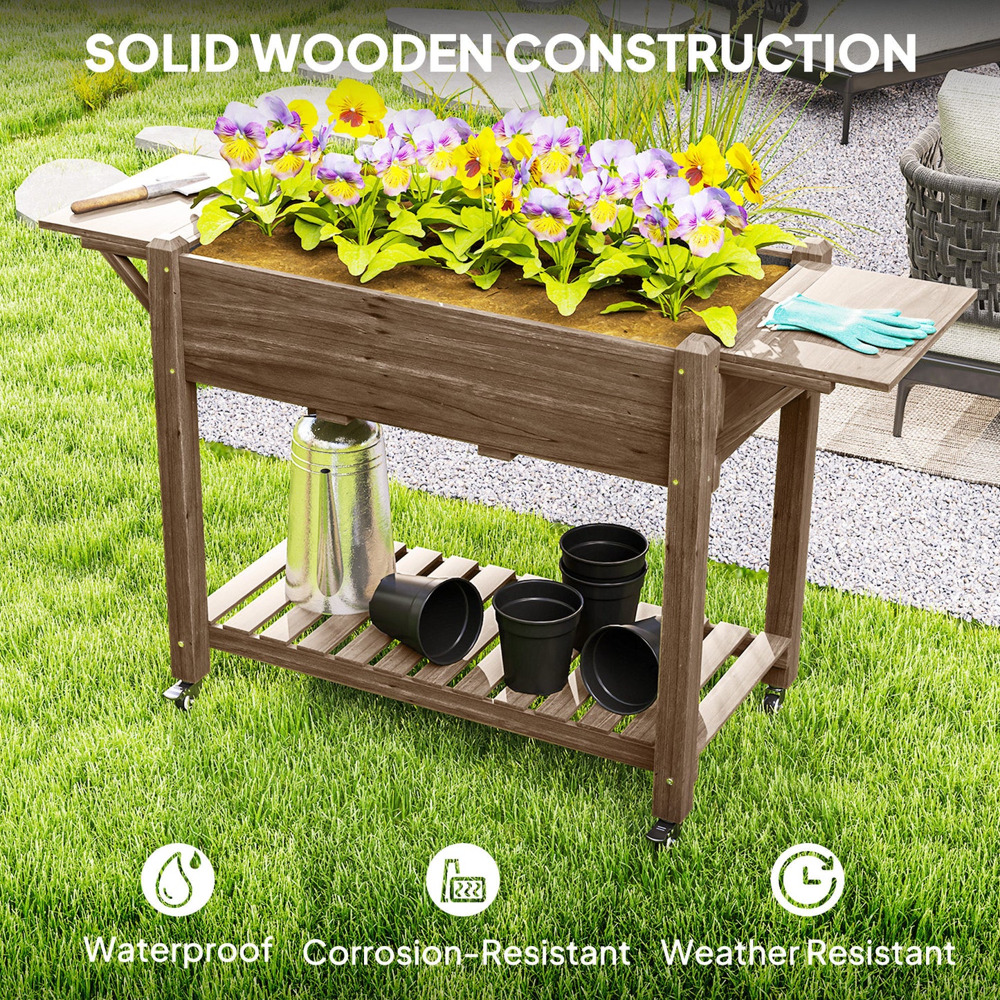 Outsunny Raised Garden Bed, Wooden Planter Box with Wheels, Side Tables & Bottom Shelf, Carbonised