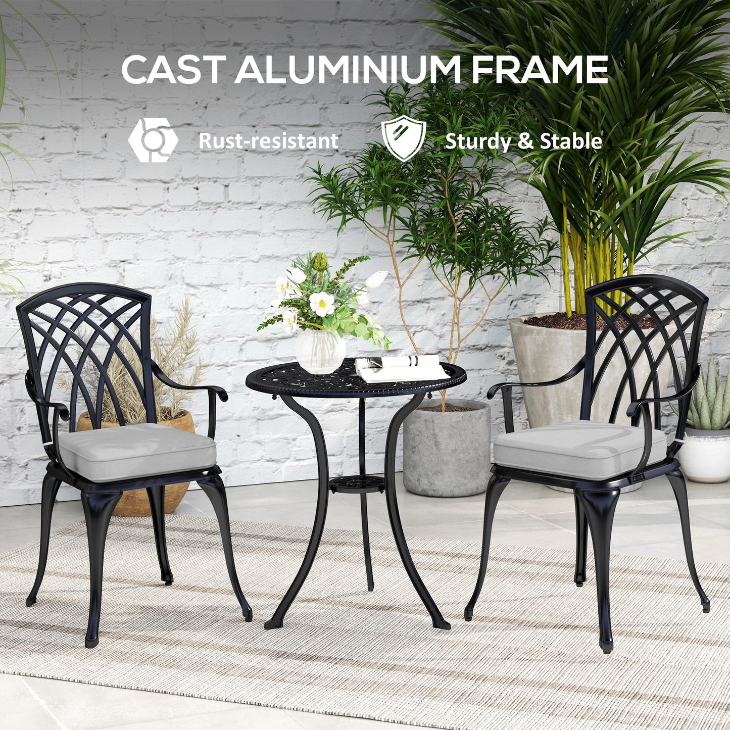 Outsunny 3 Piece Cast Aluminium Bistro Set, Rust Resistant with Parasol Hole & Cushions, Black