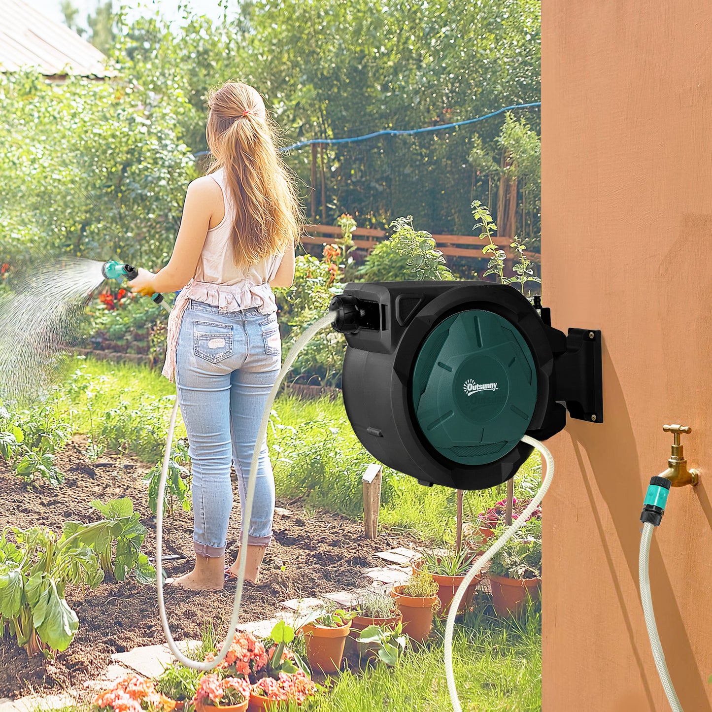 Outsunny Wall-Mounted Hose Reel 30+2m Auto Rewind Green