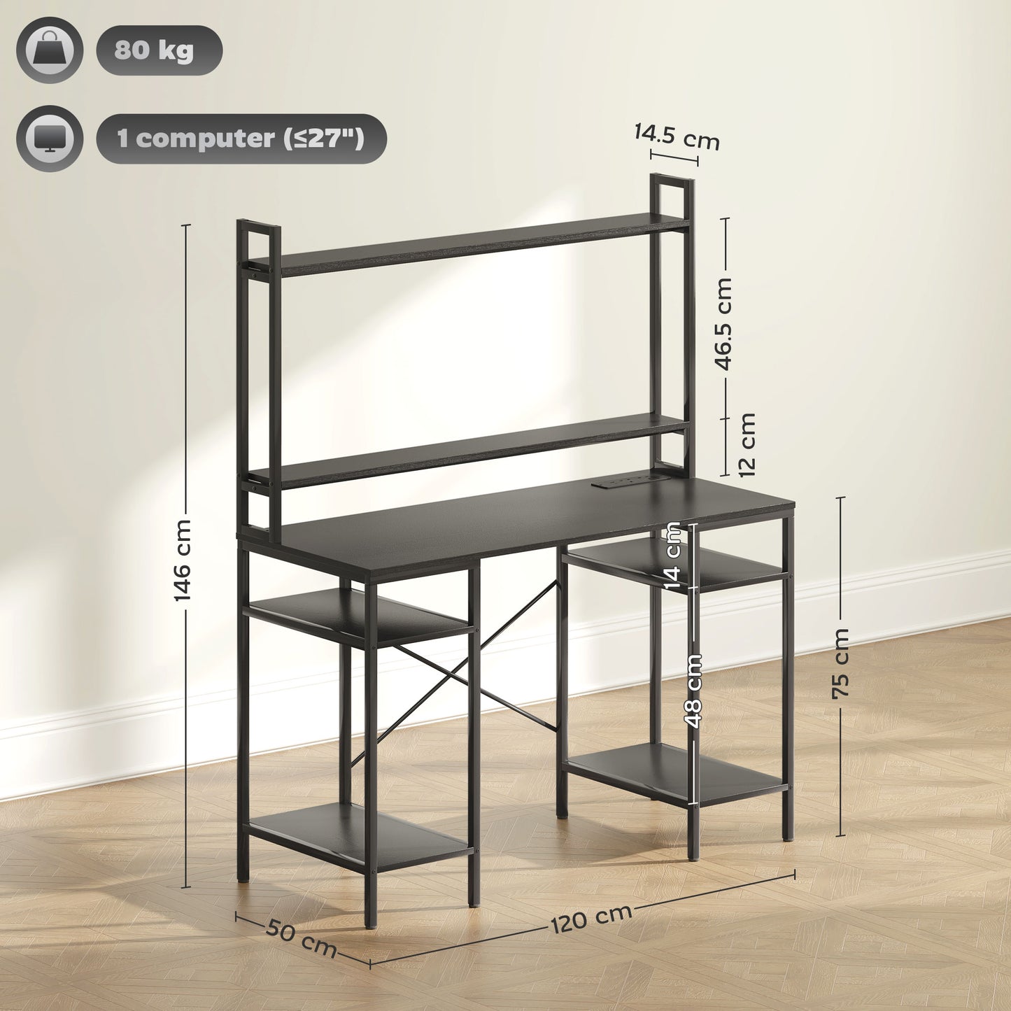 HOMCOM Computer Desk with Power Outlets & LED, Home Office Desk with Monitor Stand & 2 CPU Stands, Hutch Gaming Desk, Black