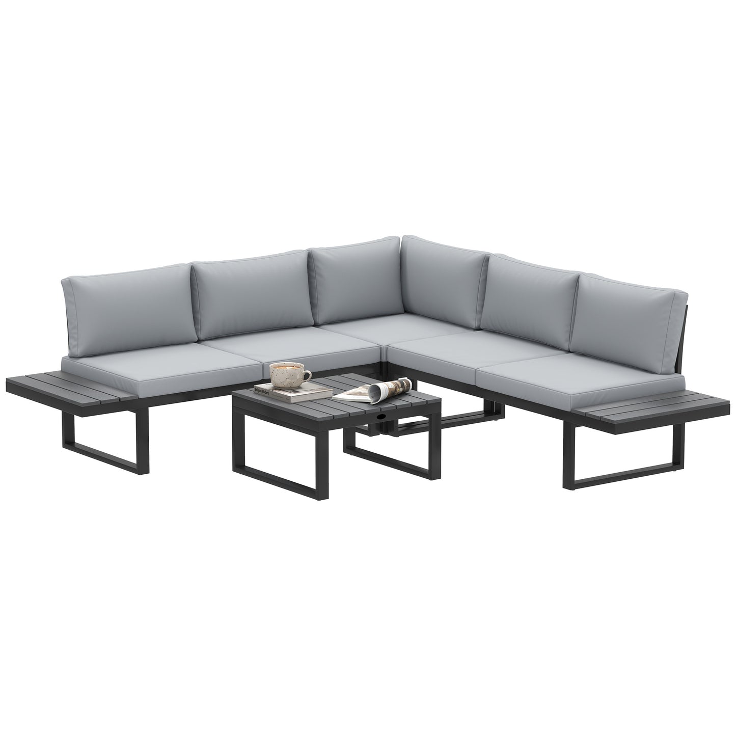 Outsunny 4-Piece Patio Set: 5-Level Recline Corner Sofa, Cushions, Wood Grain Table, Black Frame, Light Grey