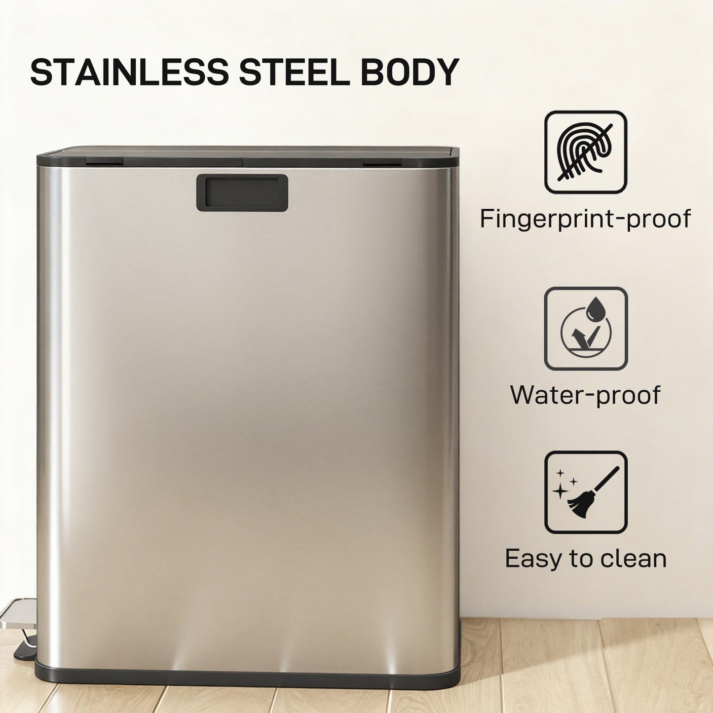 HOMCOM Dual Kitchen Bin, 2x28L Stainless Steel Pedal with Soft-Close Lid & Removable Buckets, Fingerprint-Proof for Recycling, Silver Tone