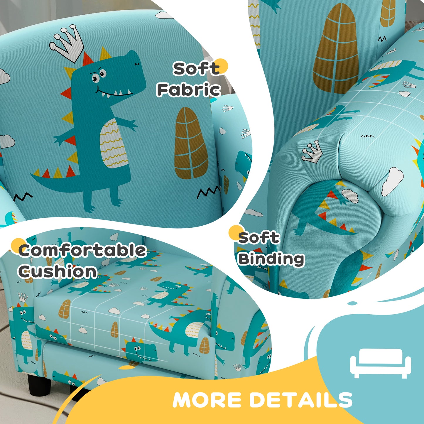AIYAPLAY 2 Piece Kids Sofa Set with Dinosaur Design, Wooden Frame, for 1.5-3 Years Old - Blue