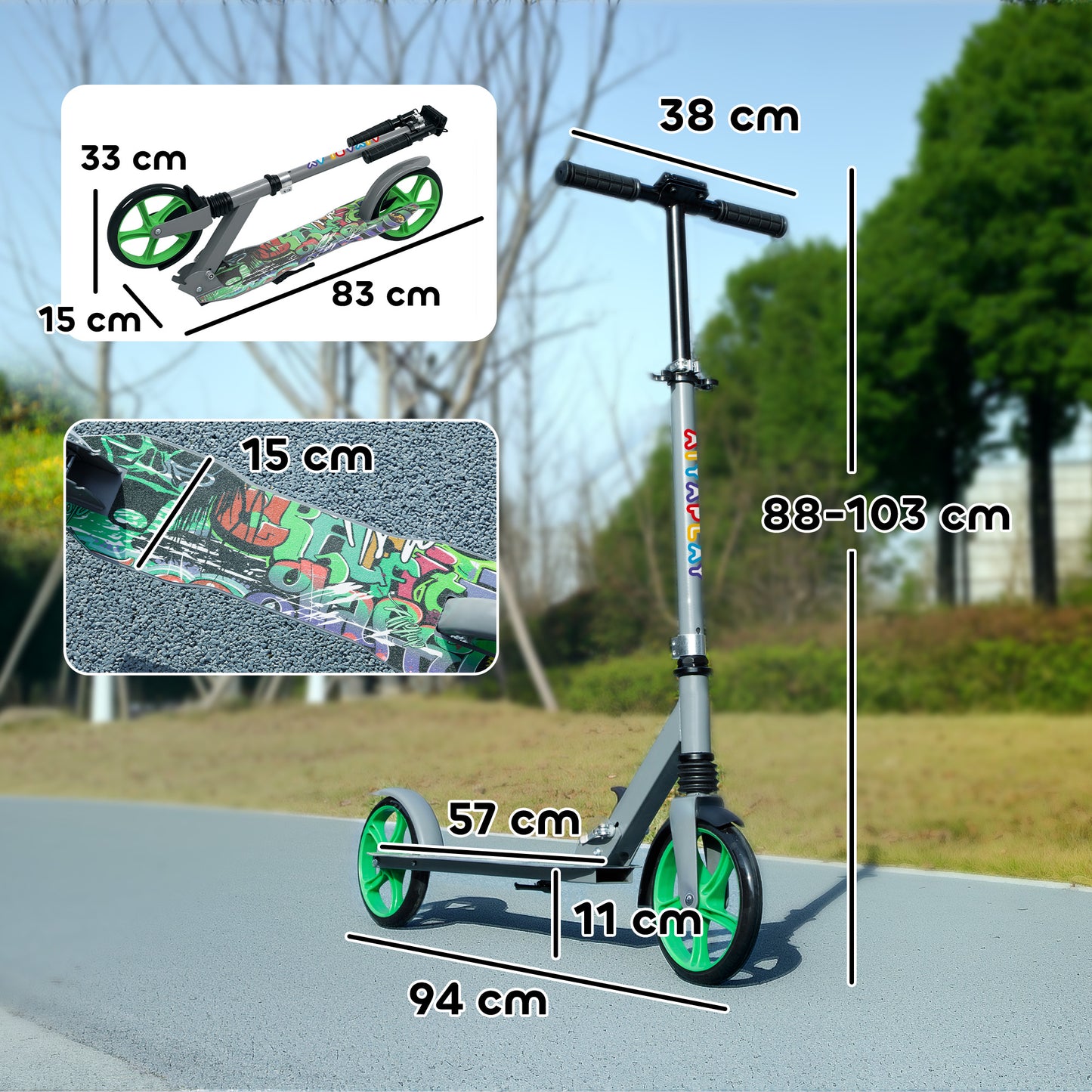 AIYAPLAY Foldable Kids Scooter with Adjustable Handlebar, 200mm Big Wheel, Rear Fender Brake, for Ages 6-12 Years, Green
