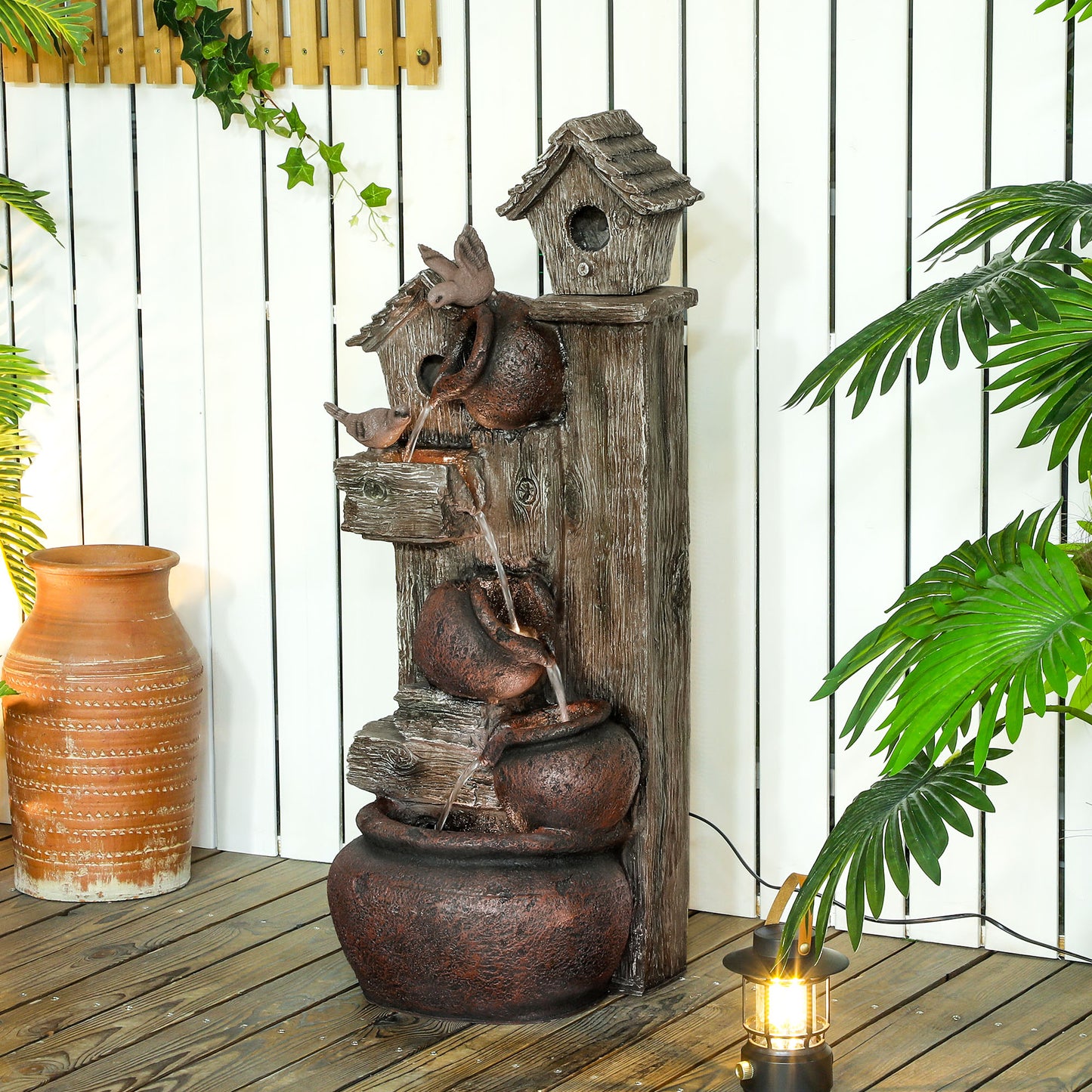 Outsunny 2-in-1 Resin Waterfall Fountain with Birdhouse & LED Lights, Tree Trunk Design, Cascading Water Feature, Multi-colour