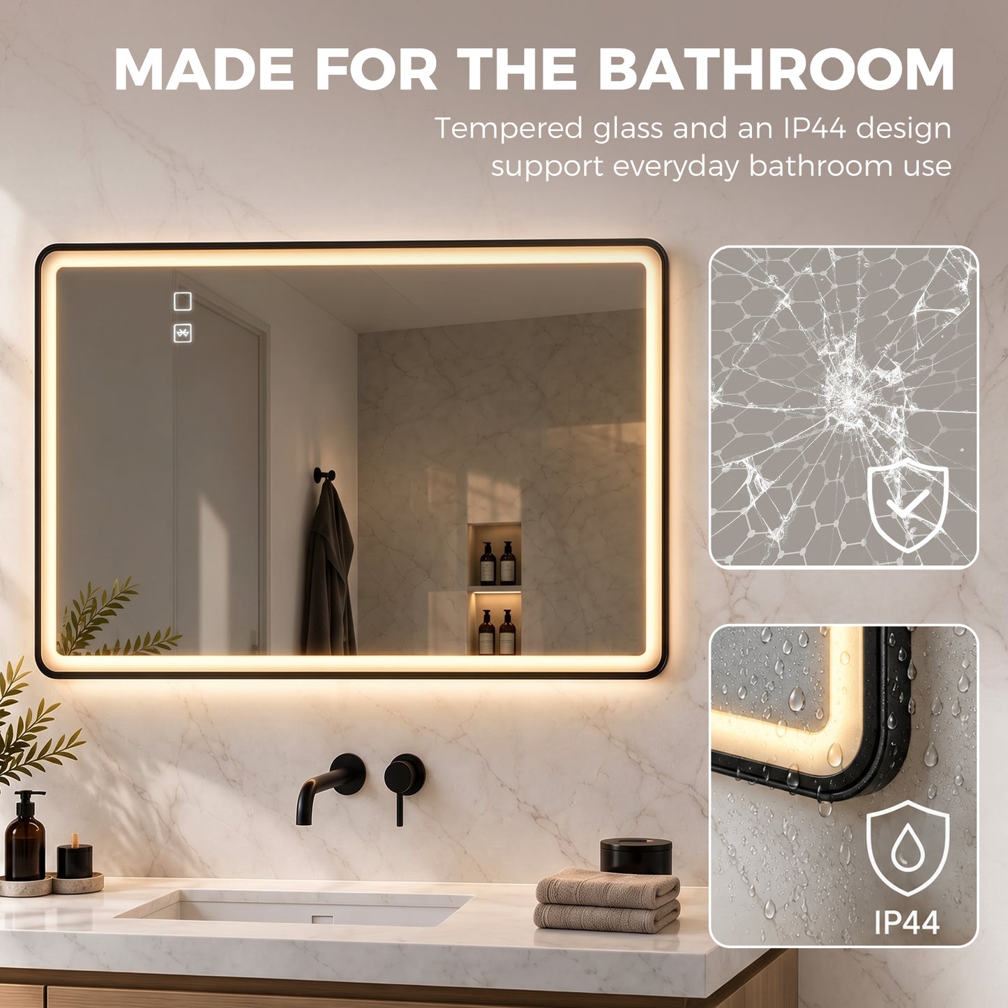 HOMCOM Bathroom Mirror with LED Lights, 100x70cm Rectangle Bathroom Mirror, Dimmable, Bluetooth, Anti-Fog, Black