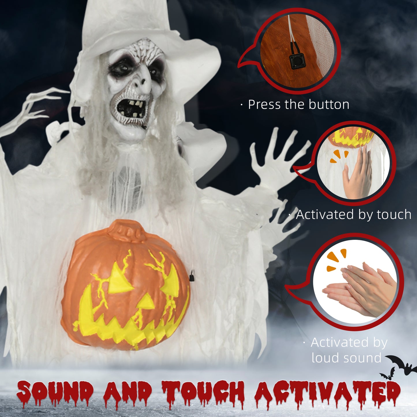 HOMCOM 6ft Outdoor Halloween Decoration Witch, Life-Size Sound & Motion Activated Skeleton Witch Prop with Light-Up Eyes, Posable Arms, White