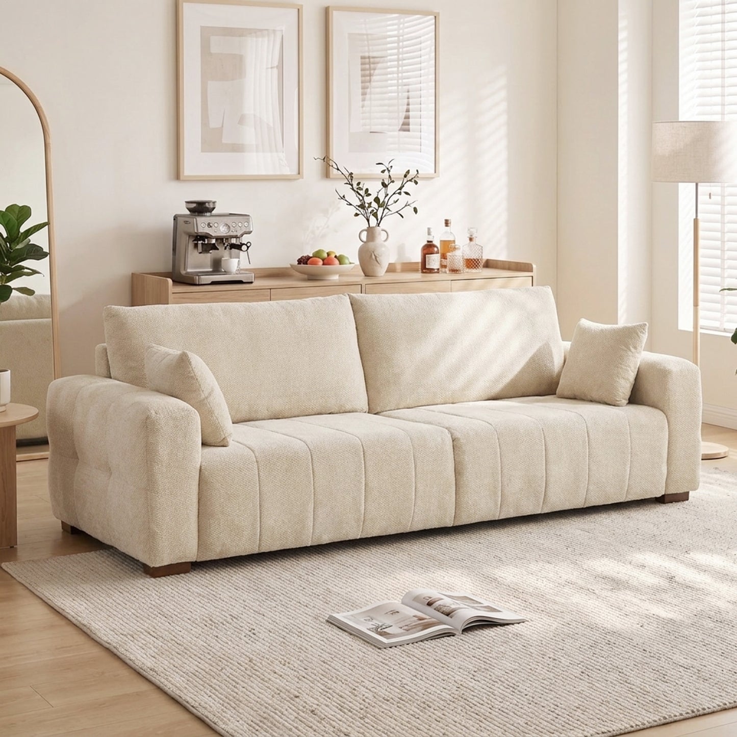 HOMCOM 3 Seater Sofa, Upholstered Velvet Couch for Bedroom with Pillows, Padded Cushion and Wood Legs, Cream White