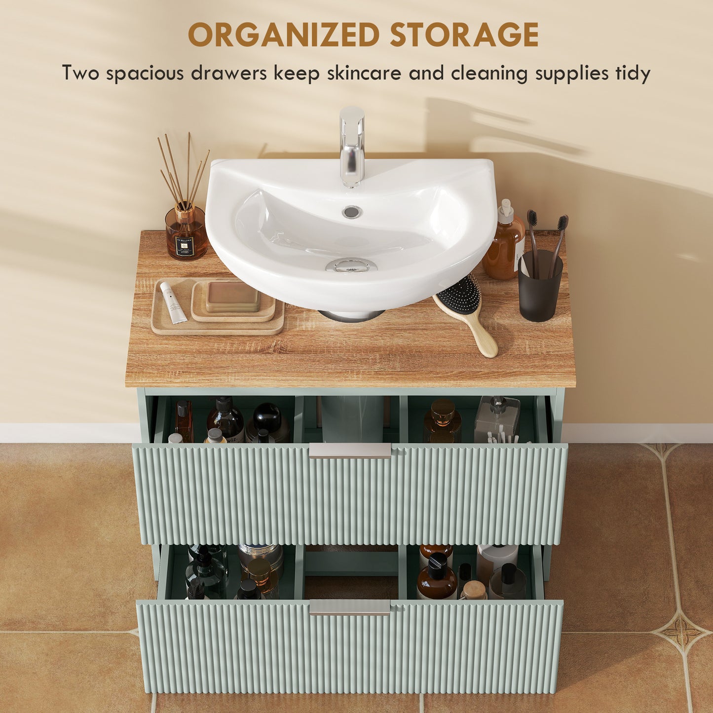 HOMCOM Under Sink Cabinet with 2 Drawers, Under Sink Bathroom Cabinet for Sink with or without Pedestal, Green and Natural Wood