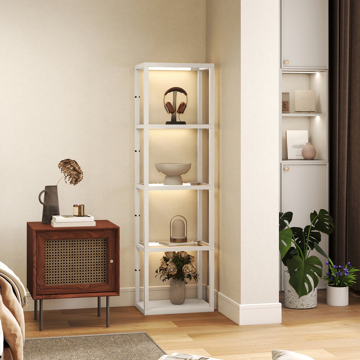 HOMCOM LED Floor Lamp with Glass Shelves, 4-Tier Dimmable Standing Light, Modern Shelf Lamp for Living Room, Bedroom, Office, Oak