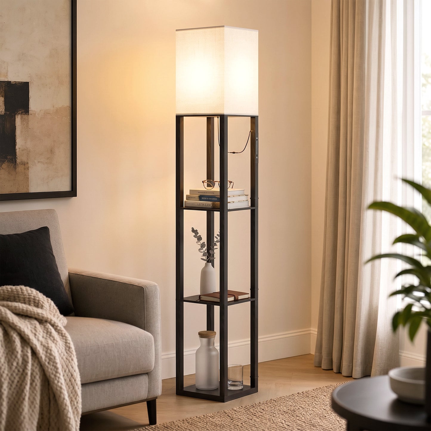 HOMCOM Floor Lamp with Shelves, Modern Dimmable Standing Lamp with Fabric Lampshade, Adjustable Colour Temperature, Black