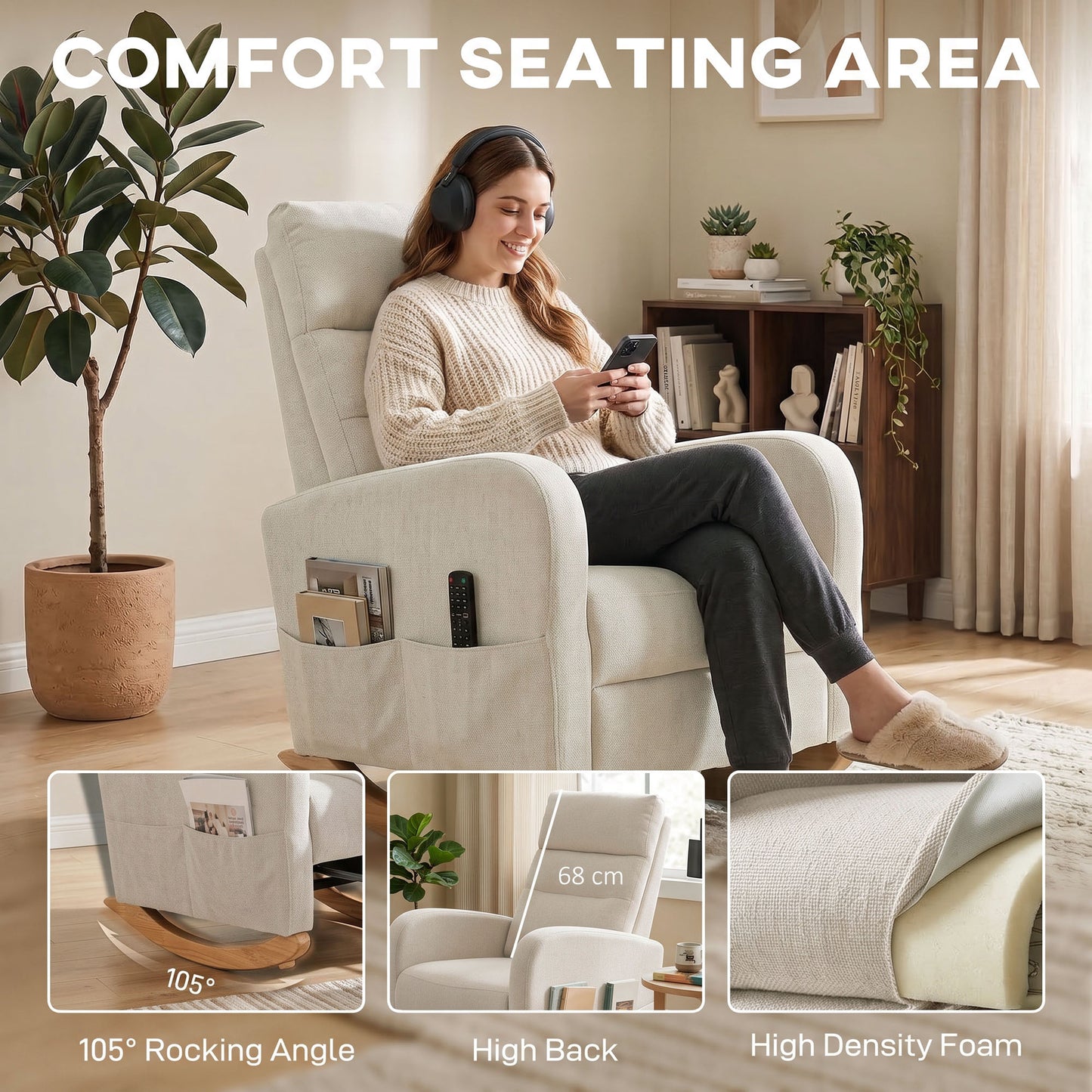 HOMCOM Upholstered Rocking Chair Retractable Footrest Rocker Chair High Back for Living Room Cream White