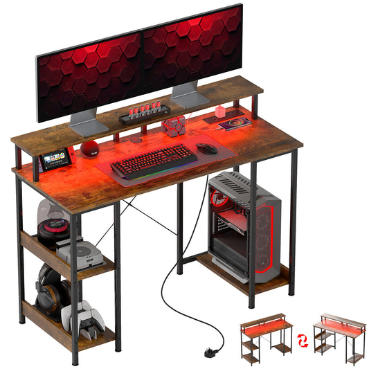 HOMCOM Computer Desk w/ Power Outlets & LED Lights, 120x50cm Reversible Desk, Monitor Stand, Rustic Brown