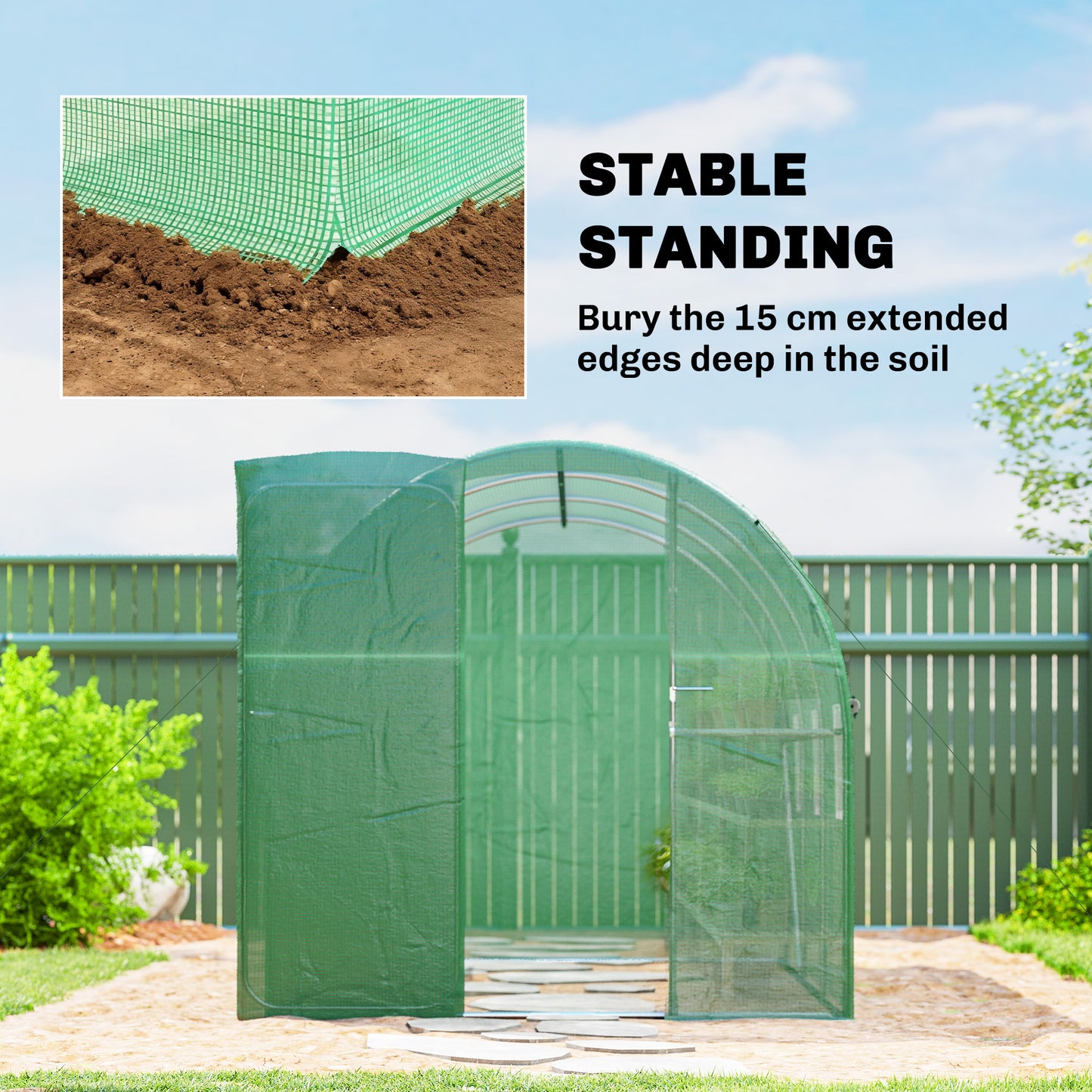 Outsunny 2 x 3 m Walk-in Polytunnel Greenhouse with Hinged Door and 6 Roll Up Mesh Windows, Garden Tunnel Warm House Tent, Green
