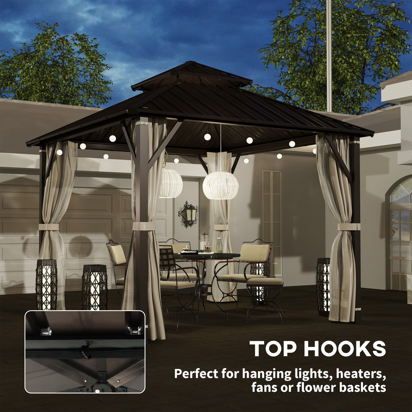 Outsunny Hardtop Gazebo Canopy, 3x3m, Double Metal Roof, Permanent Pavilion with Netting and Curtains, Easy Assembly, Black