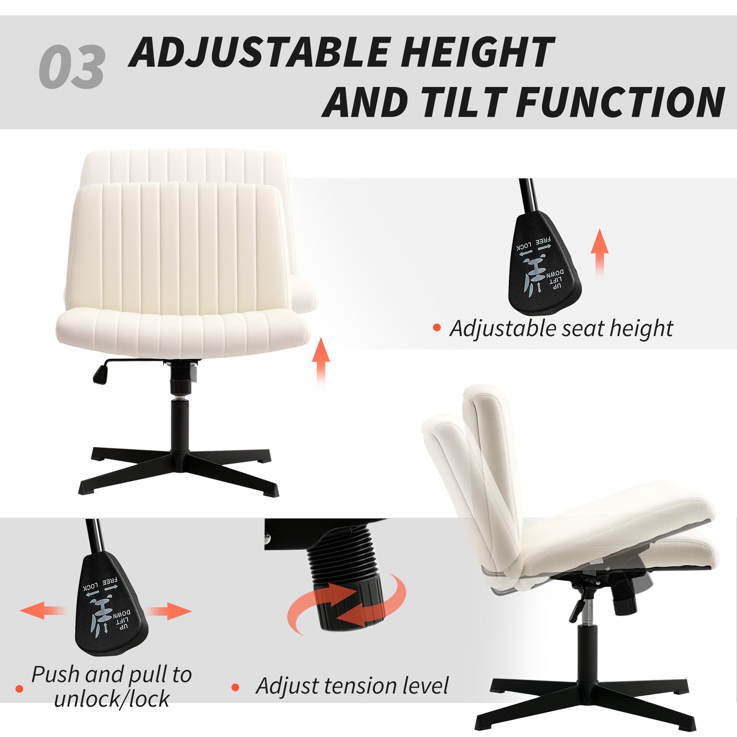 HOMCOM Armless Office Chair, Linen Fabric, Criss Cross Legs, Wide Seat, Thick Padding, Tilt, Adjustable Swivel for Home, Cream