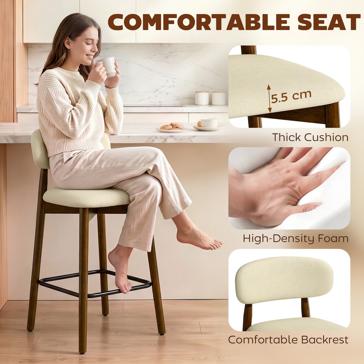 HOMCOM Bar Stools Curved Open Back Padded Seat Footrest Set of 2 for Kitchen Beige