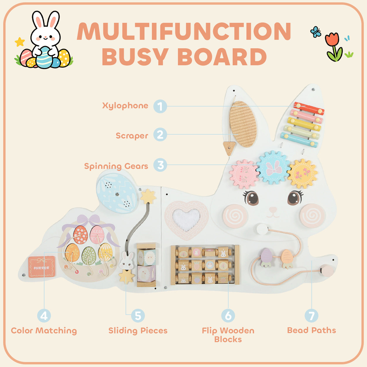 AIYAPLAY Easter Bunny Busy Board Panels, Montessori Wall-Mounted Toddler Learning Activity Centre for Living Room Kids Room White