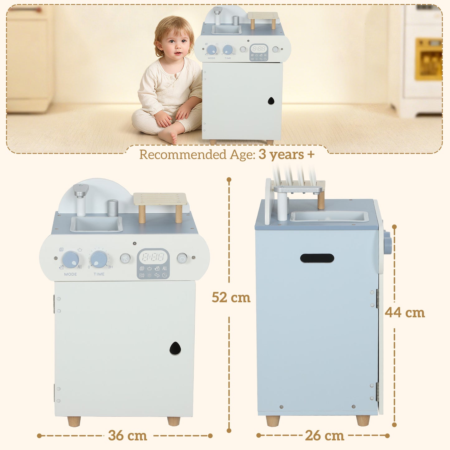 AIYAPLAY Wooden Dishwasher Playset, Kitchen Sink Toys with Faucet, Sink and Accessories, Gift for Boys Girls Toddlers