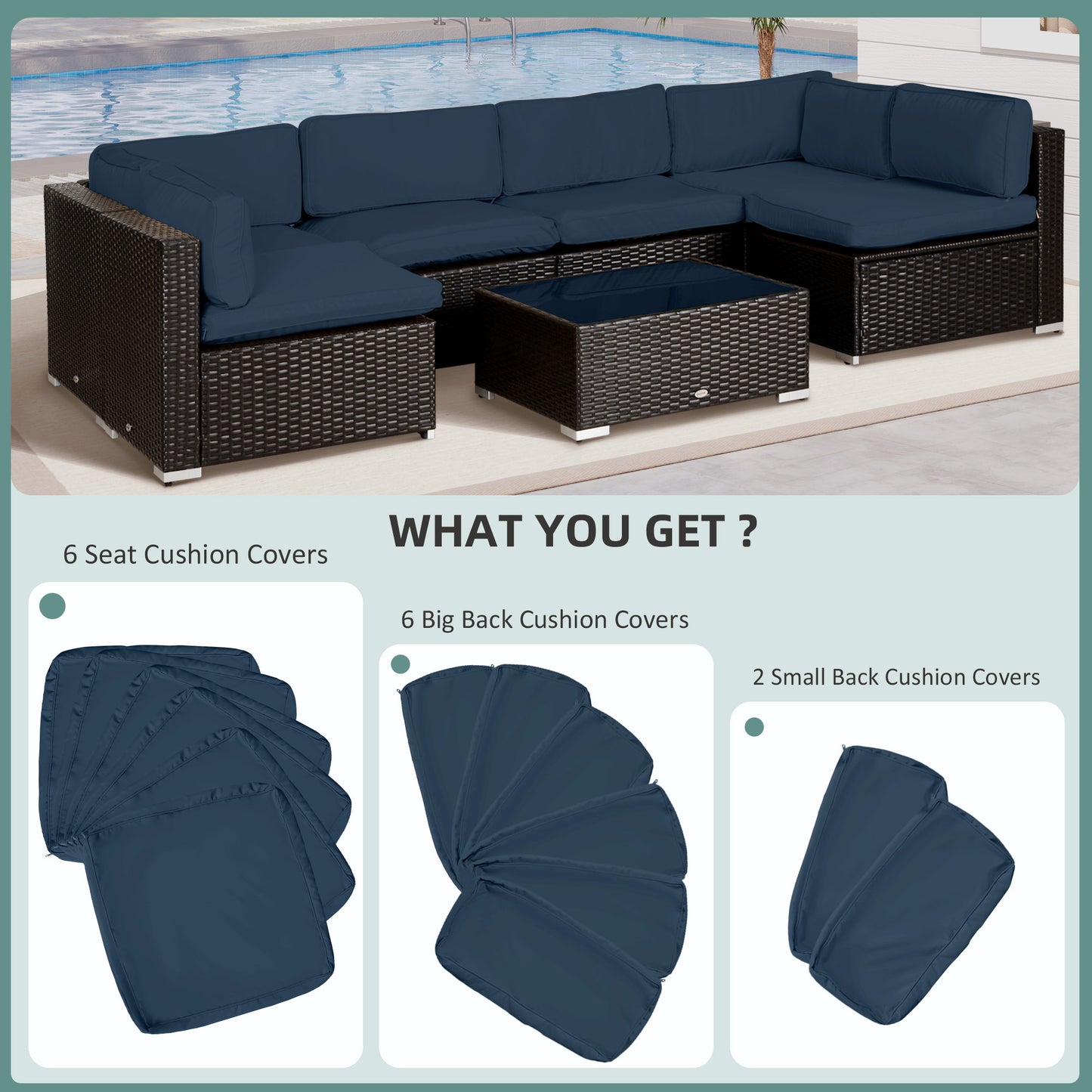 Outsunny Garden Rattan Sofa Cushion Polyester Cover Replacement Outdoor- No Cushion Included, Blue