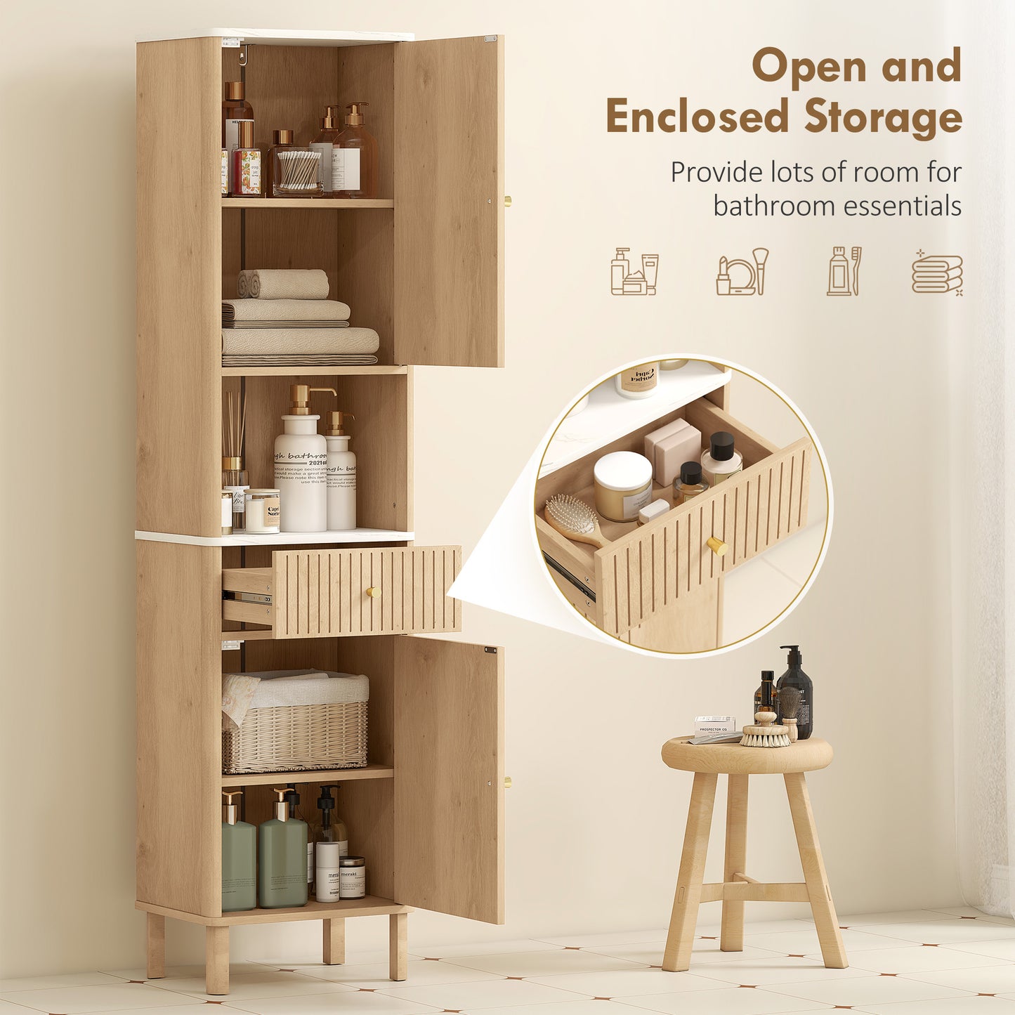 HOMCOM Multi-Storage Groove Door Bathroom Cabinet - Oak