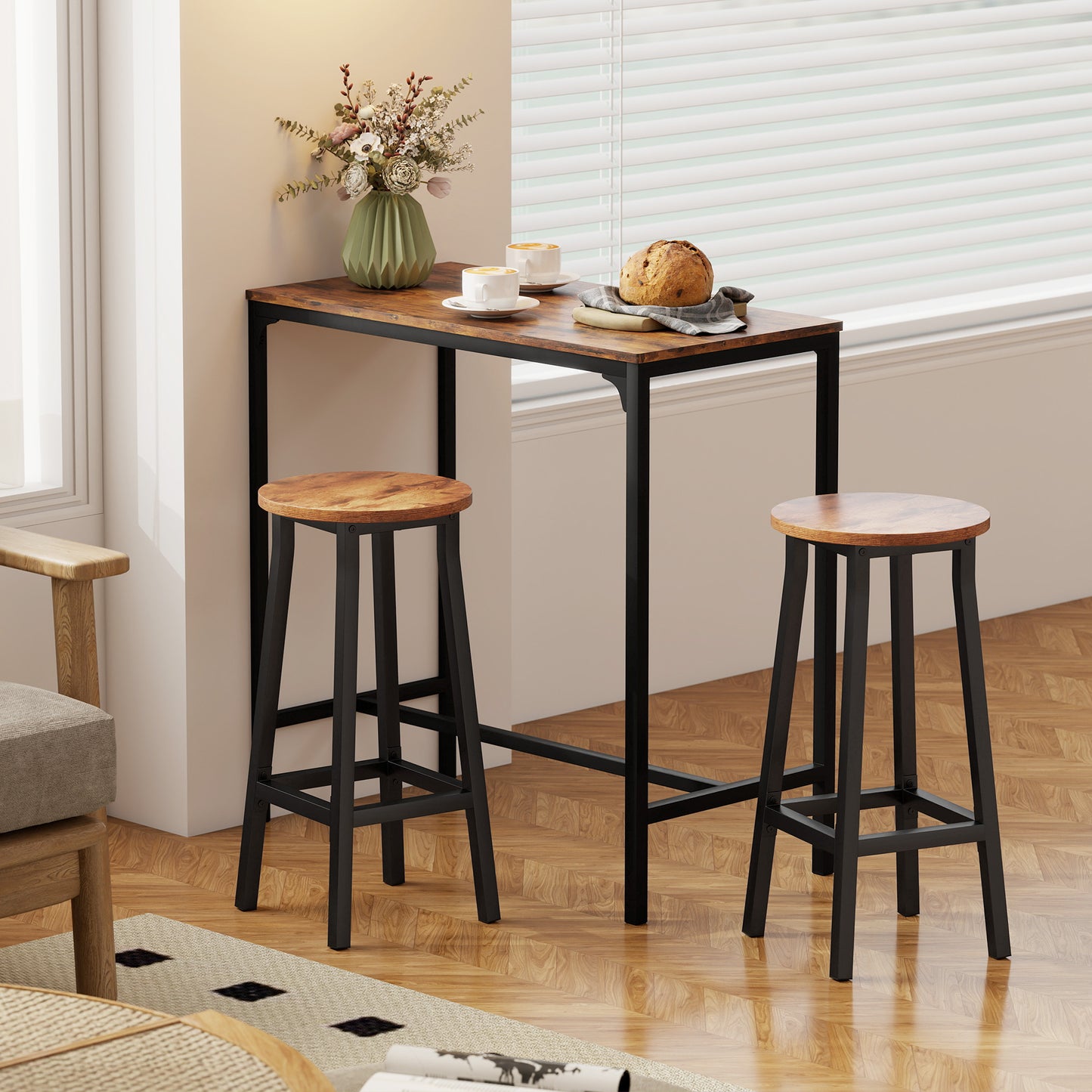 HOMCOM Bar Stools Set of 2 Breakfast Bar Stools with Footrest, Industrial Round, 32 x 32 x 65 cm, Rustic Brown