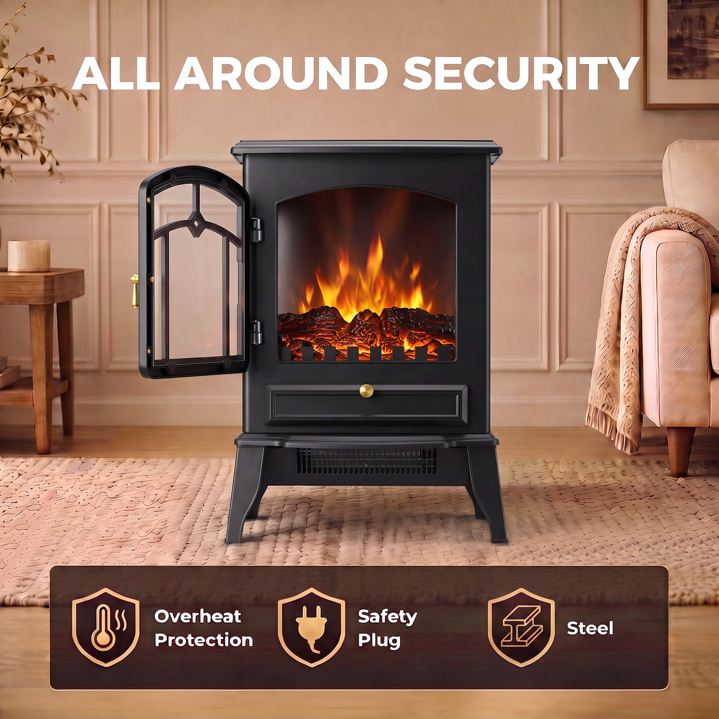 HOMCOM Electric Fireplace Stove, 1000/2000W 3-Sided Freestanding Fireplace Heater with 3D Flame Log, Thermostat, Black