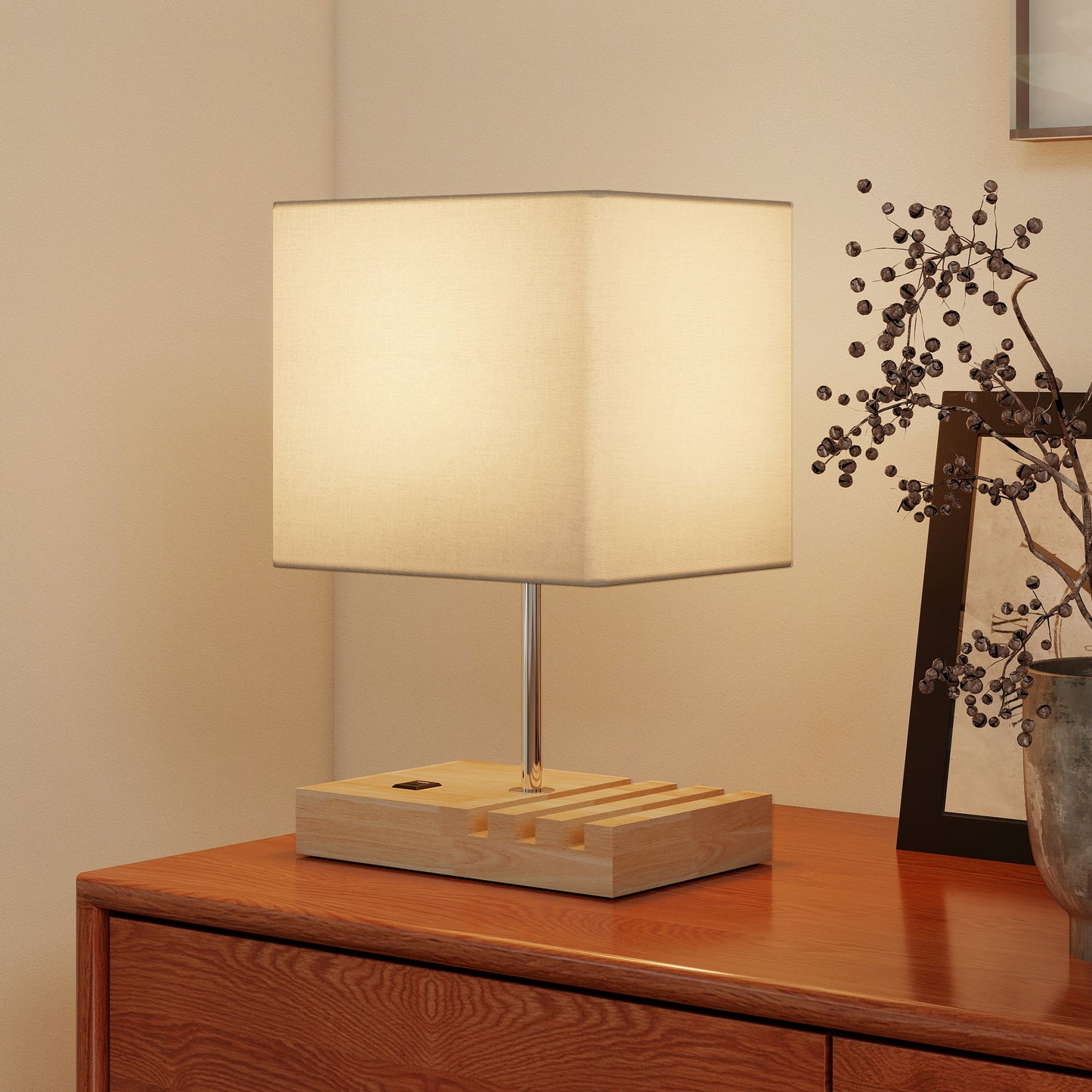 HOMCOM Bedside Lamp with USB A+C Charging Ports and 3 Phone Stands, Modern Table Lamp with Solid Wood Base E27 Socket, Bulb Not Included, White