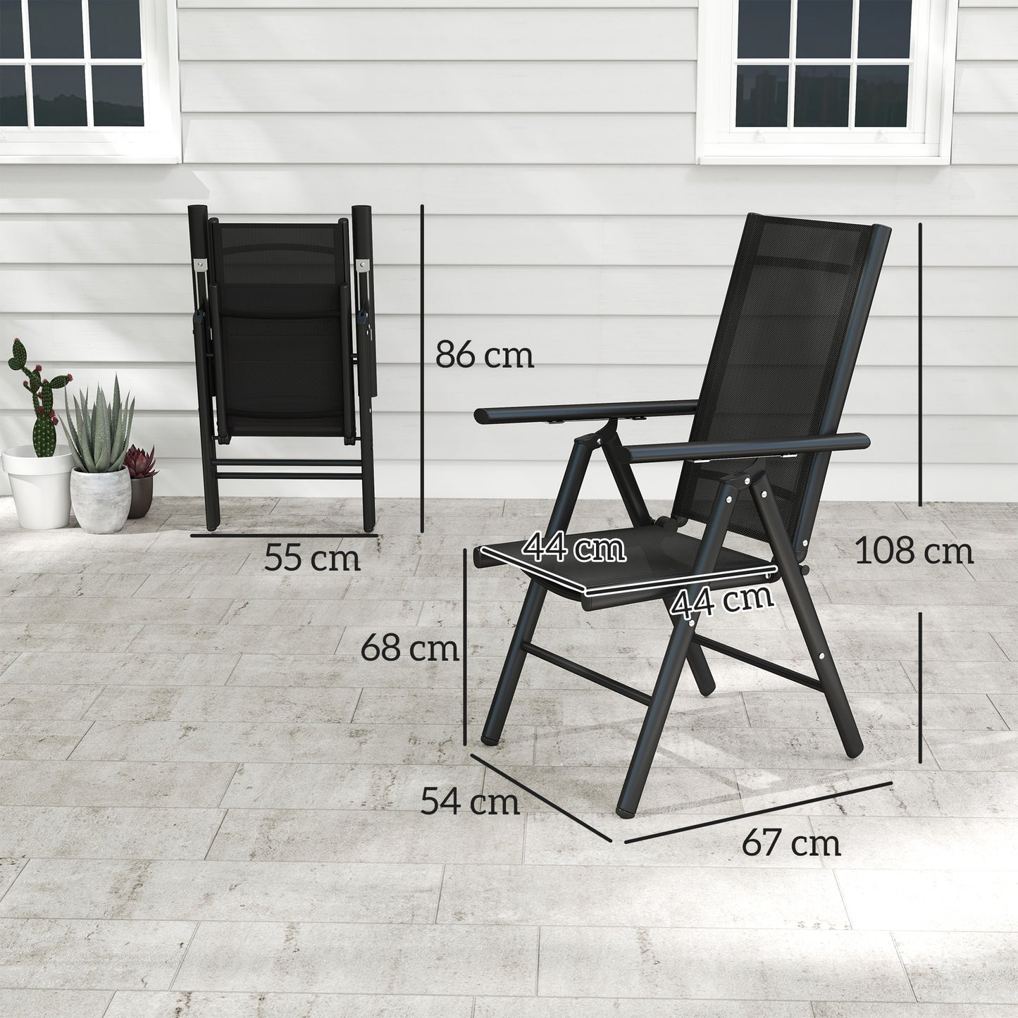 Outsunny Set of 2 Folding Aluminium Camping Chairs, Mesh Back & Seat, with Armrests for Patio, Black