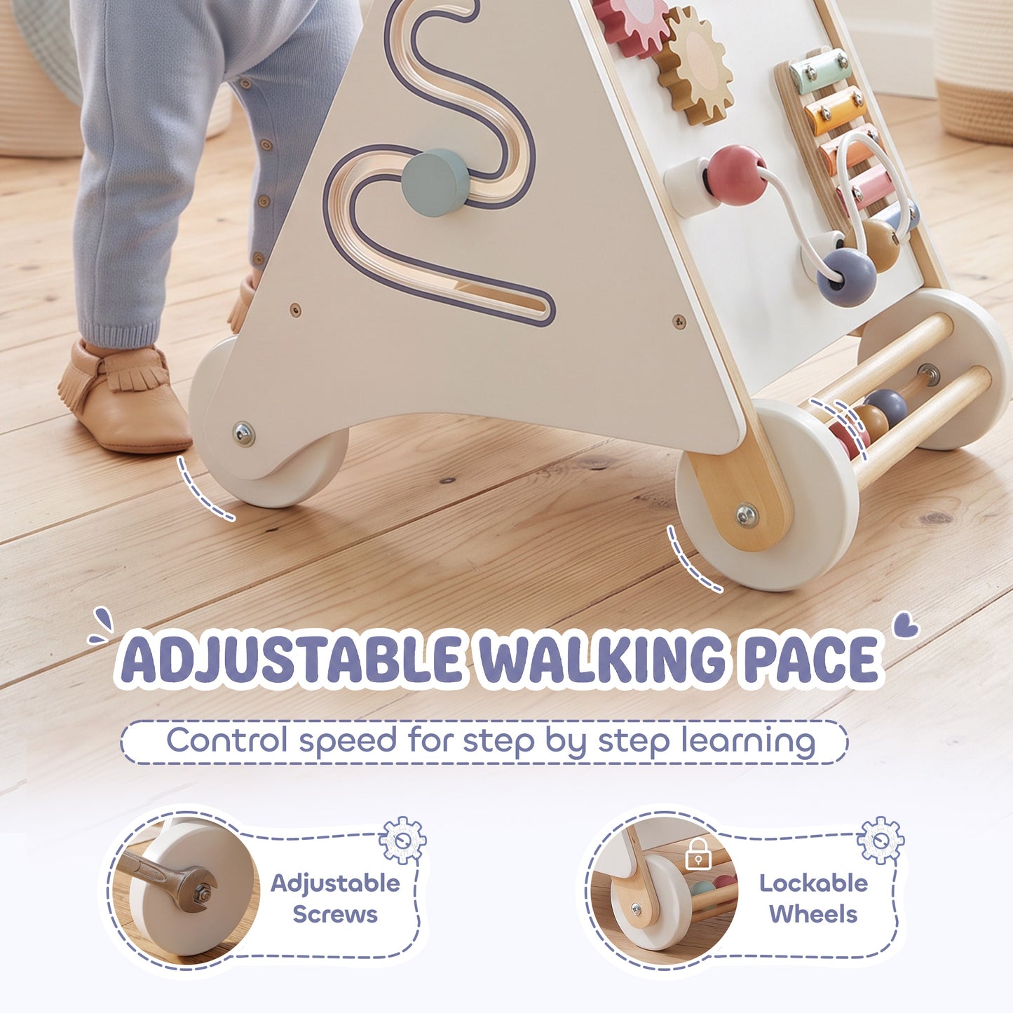 AIYAPLAY Wooden Baby Walker, Montessori Push Along Toy with 5 Blocks and Xylophone Mallet, Adjustable Speed for Toddlers 1.5-3Y