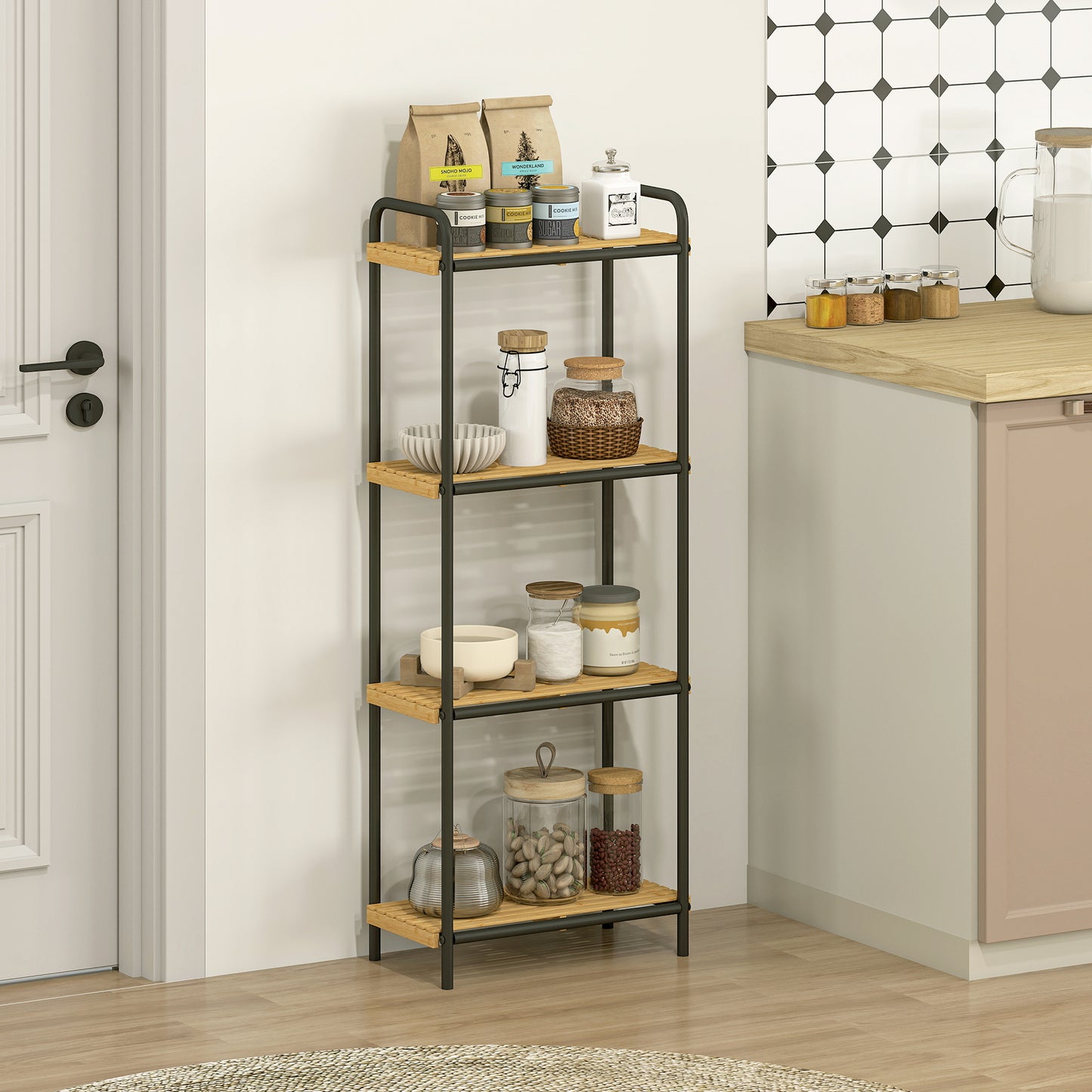 HOMCOM 4-Tier Bamboo Bathroom Storage Shelf, Freestanding Narrow Unit with Slatted Shelves, 41.5x21.5x106cm, Natural and Black