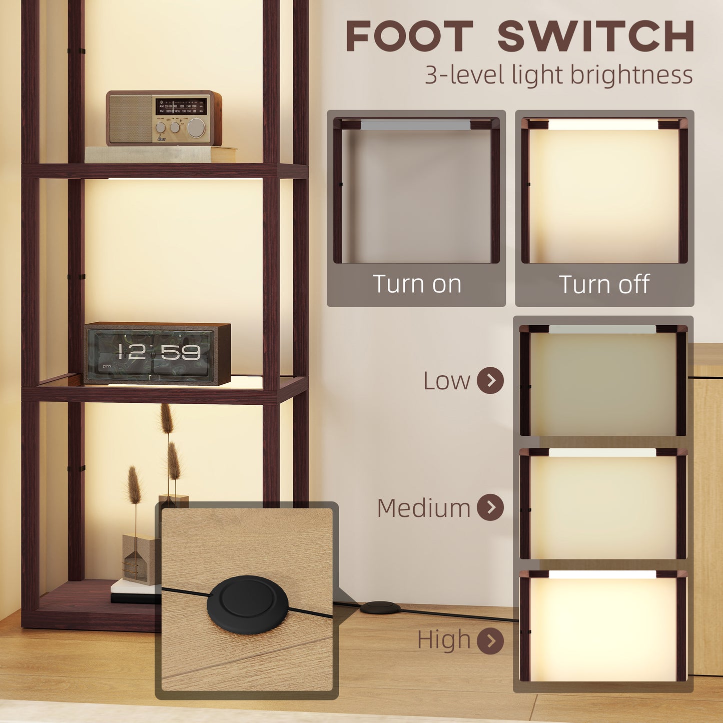 HOMCOM LED Floor Lamp with 4 Glass Shelves, Dimmable Tall Standing Light for Living Room, Bedroom, Office, Dark Brown