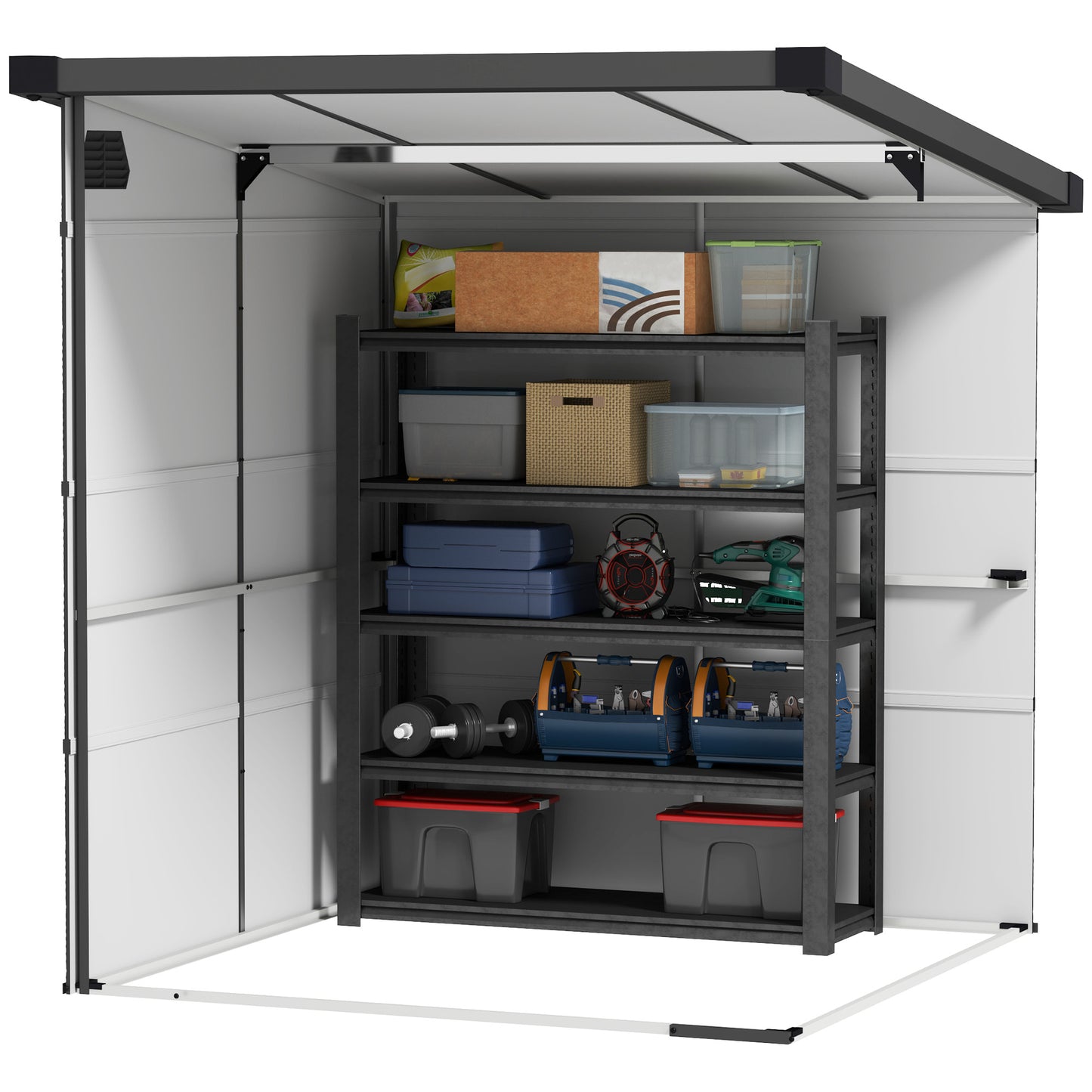 Outsunny 6x6ft Outdoor Storage Shed, Plastic Garden Shed w/ Windows, Air Vents & Latch Doors, Dark Grey