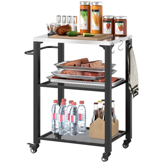 Outsunny: Three-Shelf Outdoor Grill Cart with Stainless Steel Top, 4 Wheels, Hooks, for Kitchen/Garden