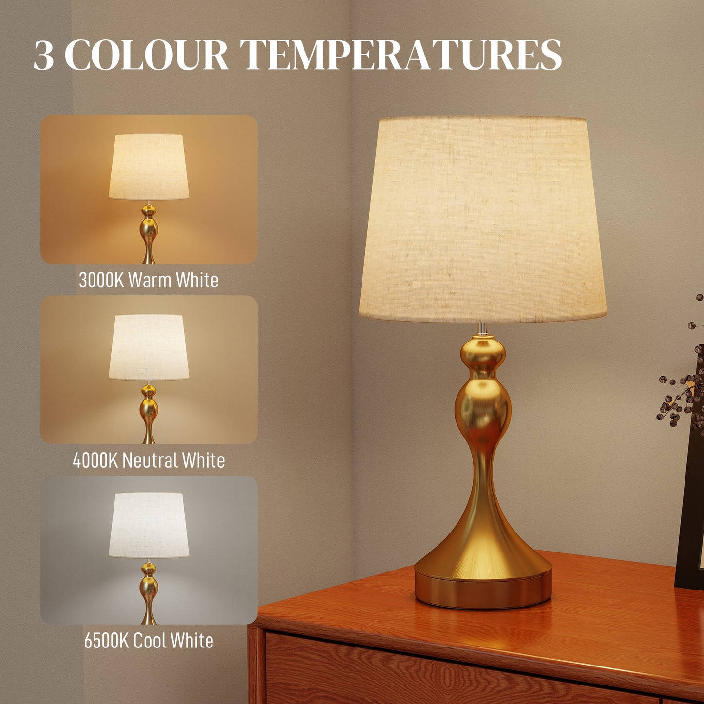 HOMCOM Bedside Lamps Set of 2, Modern Table Lamps with USB A+C Ports, 3 Colour Temps, Linen Shade for Living Room Bedroom Office, Gold Tone
