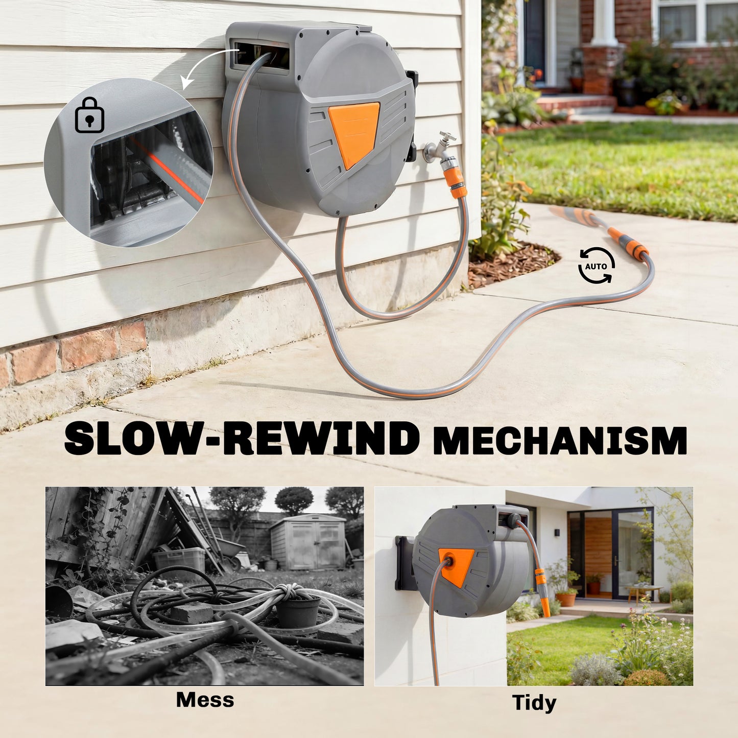 Outsunny Retractable Hose Reel Wall Mounted, 40+2m Garden Hose Pipe Reel with Auto Retraction, Self-Locking, Orange