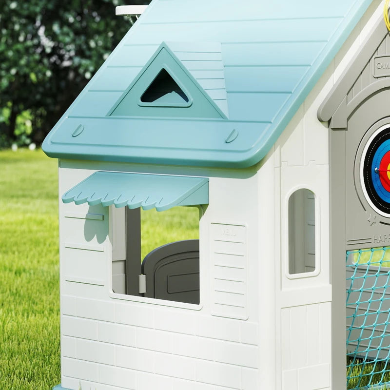 AIYAPLAY 5-in-1 Playhouse for Kids Outdoor Indoor with Basketball Hoop, Football Goal, Dartboard, Ring Toss for 2-5 Years