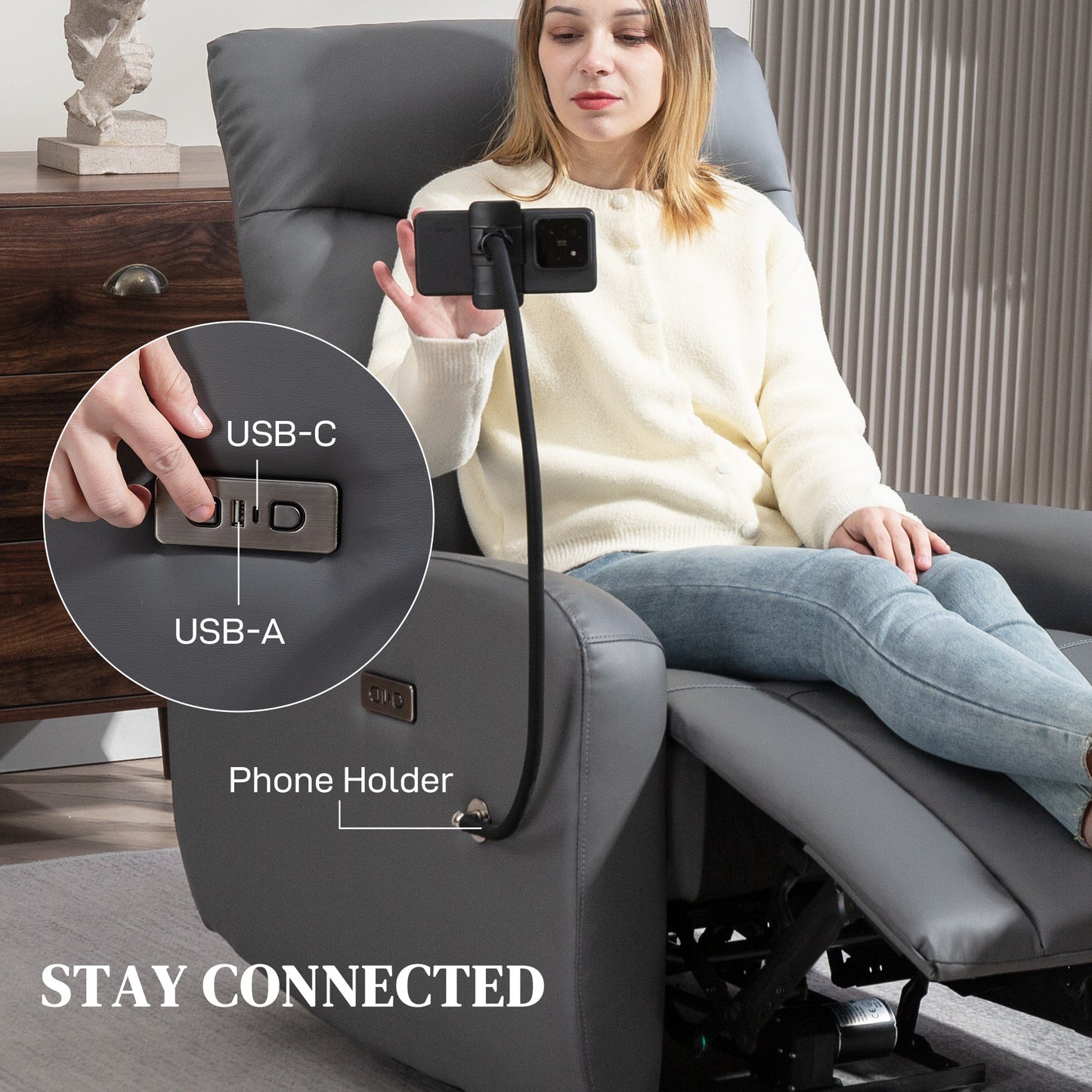 HOMCOM Electric Recliner Armchair, USB + Type C Charging, Phone Holder, PU Leather, Adjustable Leg Rest, for Home Living Room Theater, Grey