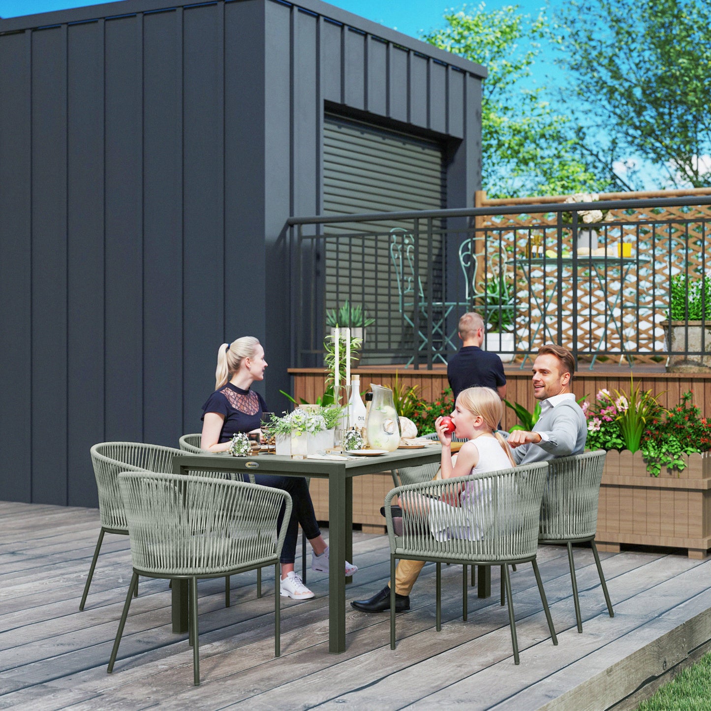 Outsunny Rattan Dining Set, 6 Seater, Wood Top Table, 6 Chairs, Washable Cushions, for Outdoor, Patio, Conservatory, Grey