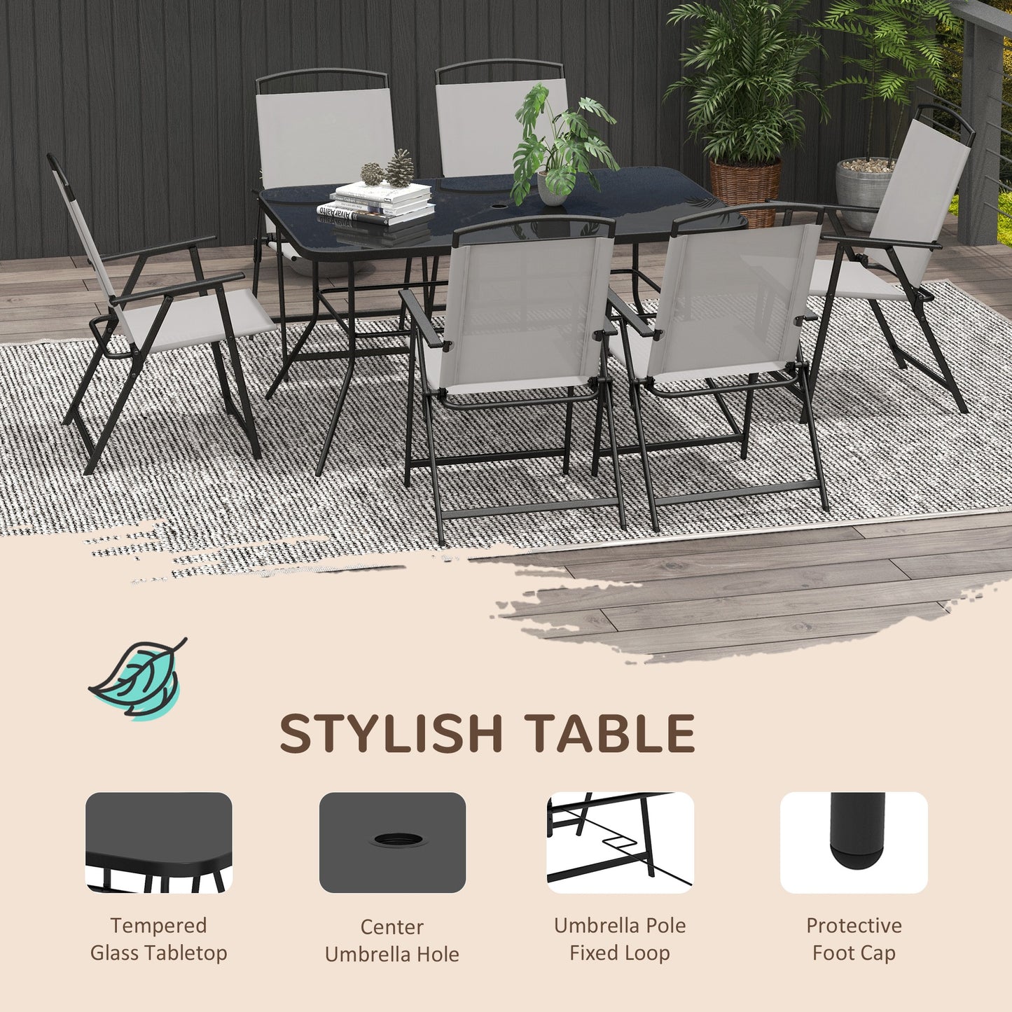 Outsunny 7pc Metal Garden Dining Set with Glass Top - Grey
