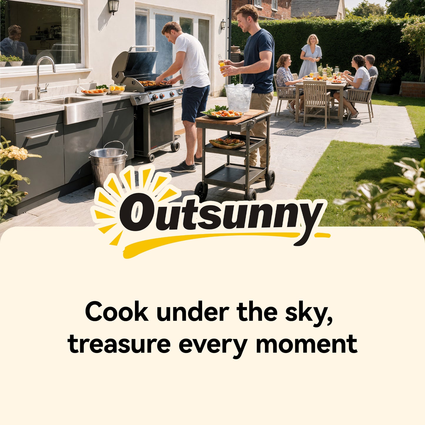 Outsunny Outdoor Grill Cart with Stainless Steel Tabletop for Kitchen Prep, Two-Tier Pizza Oven Stand on Wheels, Black