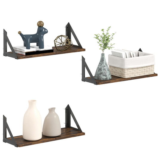 HOMCOM Set of 3 Wall Mounted Floating Shelves, Vintage Wall Shelves for Living Room, Entryway, Bedroom, Rustic Brown