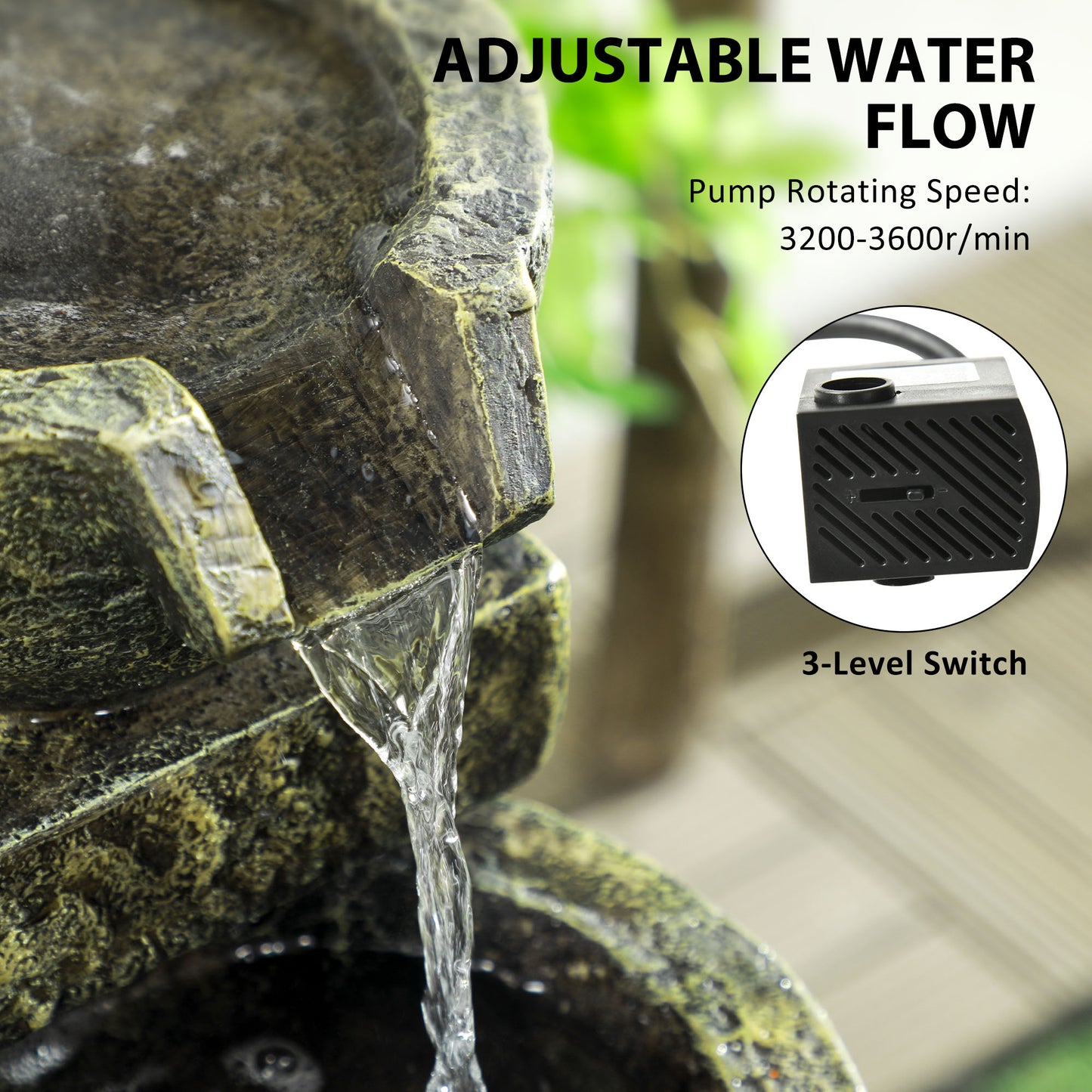 Outsunny Garden Water Feature Waterfall Fountain with 4-Tier Stone Look Bowls Adjustable Flow Black and Yellow