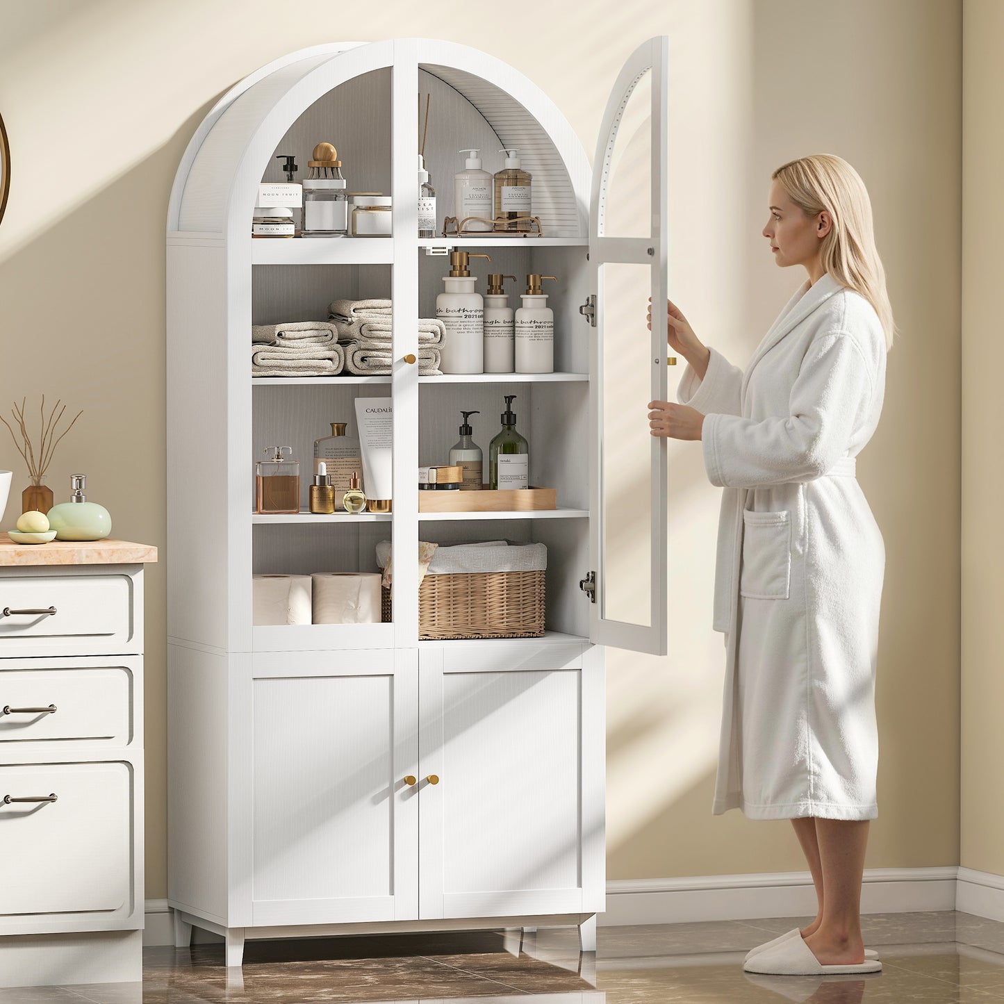 HOMCOM 180cm Tall Kitchen Cupboard, Storage Cabinet with Adjustable Shelves, Acrylic Doors for Living Room, Dining Room, White