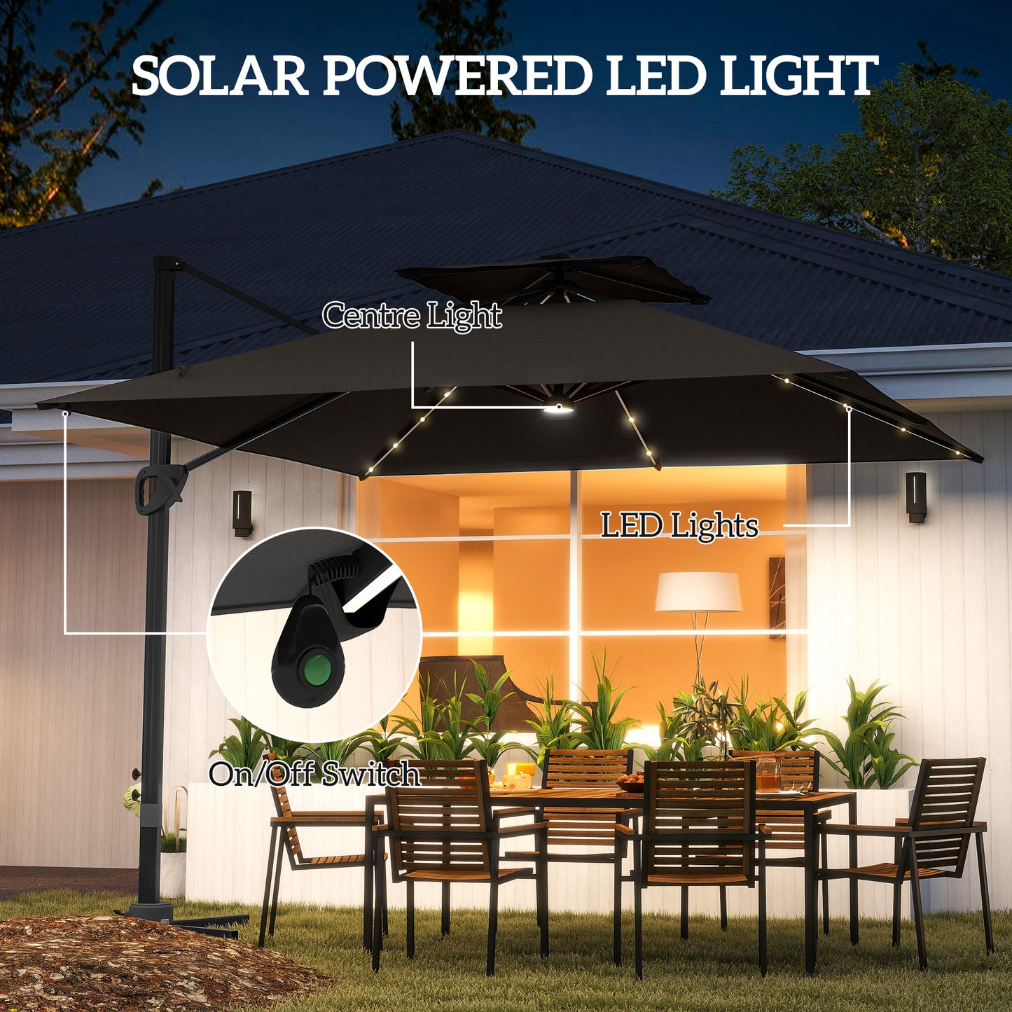 Outsunny Garden Cantilever Parasol w/ Solar LED Lights, Aluminium Patio Umbrella, UPF50+ Shade, Cross Base, Crank & Tilt, 3.5x3 m, Grey