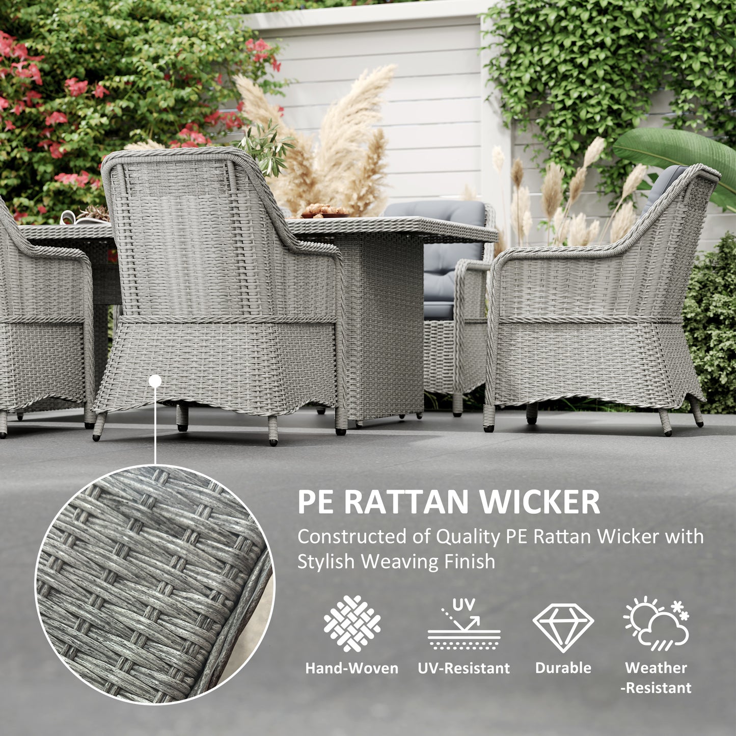 Outsunny 6-Seater Rattan Dining Set, Round PE Rattan Furniture, Aluminum Table, 6 Armchairs with Cushions, Rectangular Glass Top, Grey