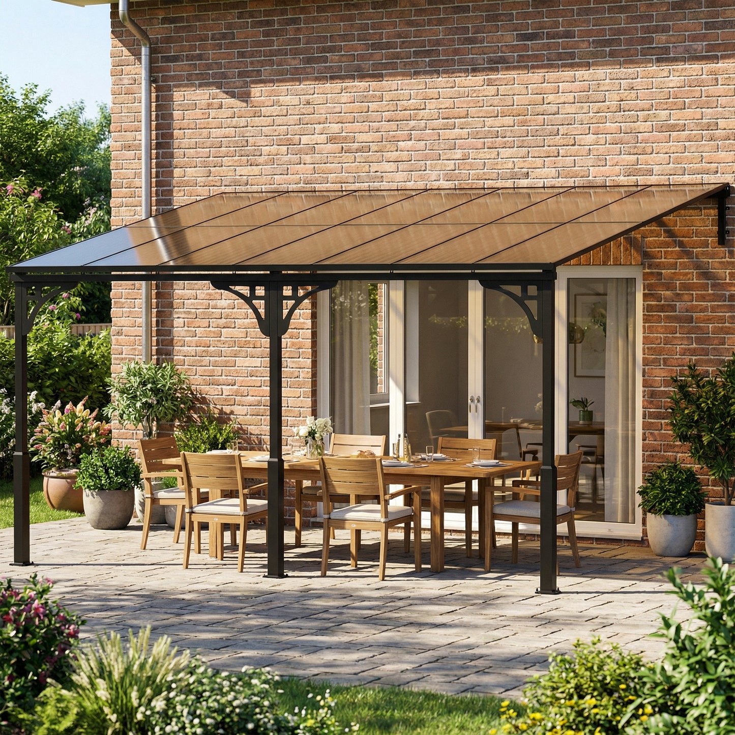 Outsunny 4 x 3 m Metal Lean-to Pergola, Wall-Mounted Garden Pergola and Metal-Aluminium Frame, Heavy Duty Hardtop Gazebo for Outdoor Patios, BBQ, Brown
