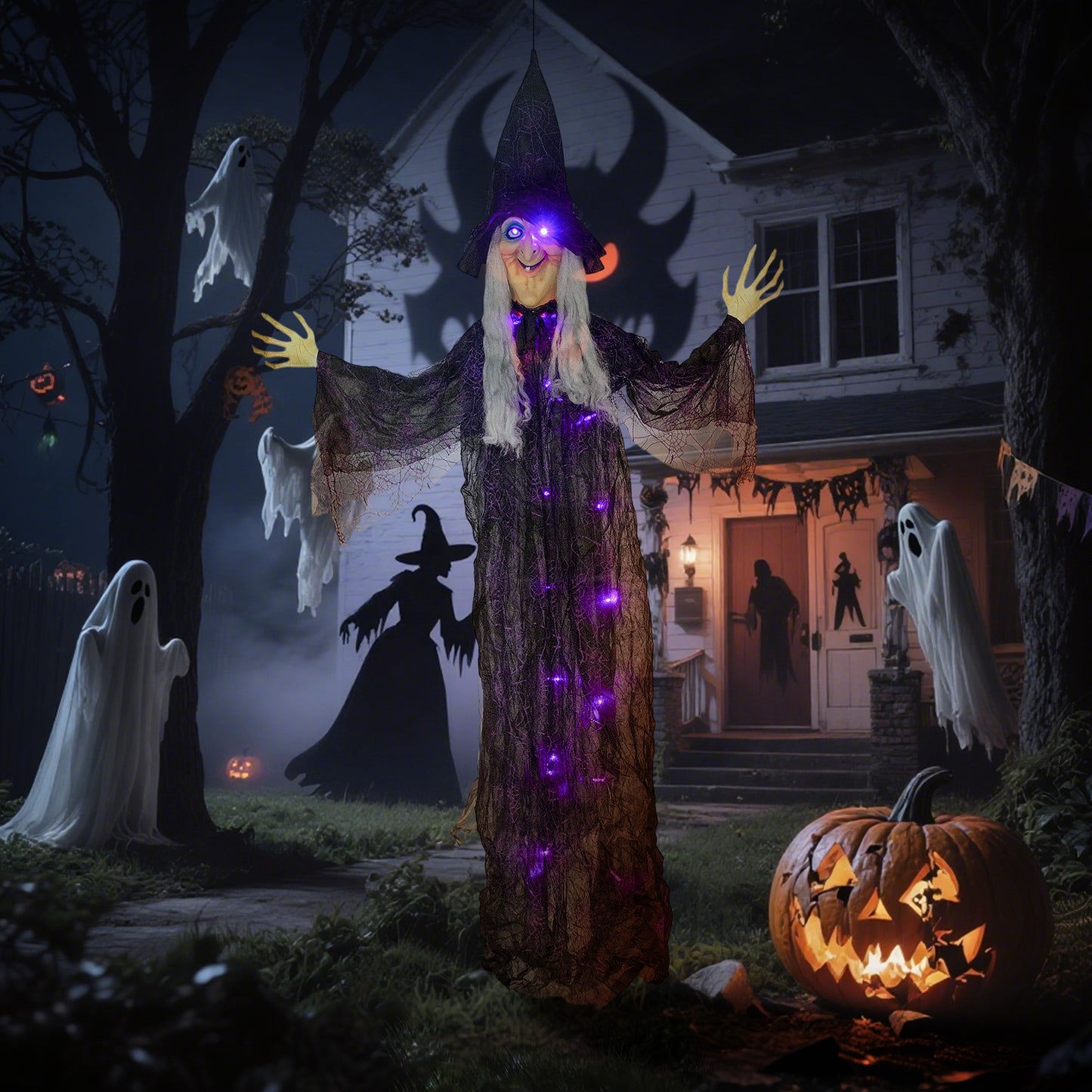 Outsunny 183 cm Life Size Halloween Animated Hanging Witch with Glowing LED Eyes & Body, Battery Operated Indoor Party Props, Spooky Decorations