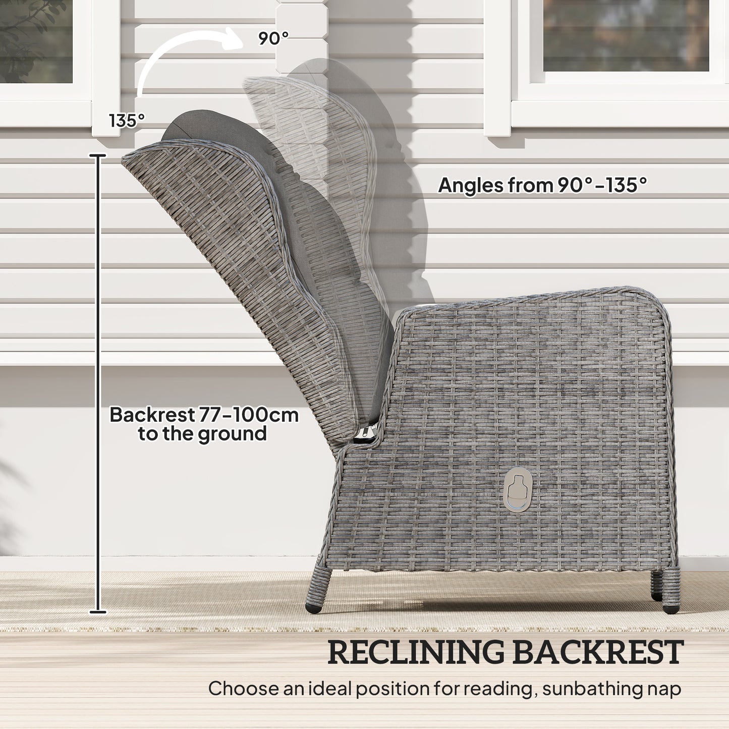 Outsunny 5pc Rattan Bistro Set: Reclining Wicker Furniture with Cushions, Glass Table & Footstools, Light Grey